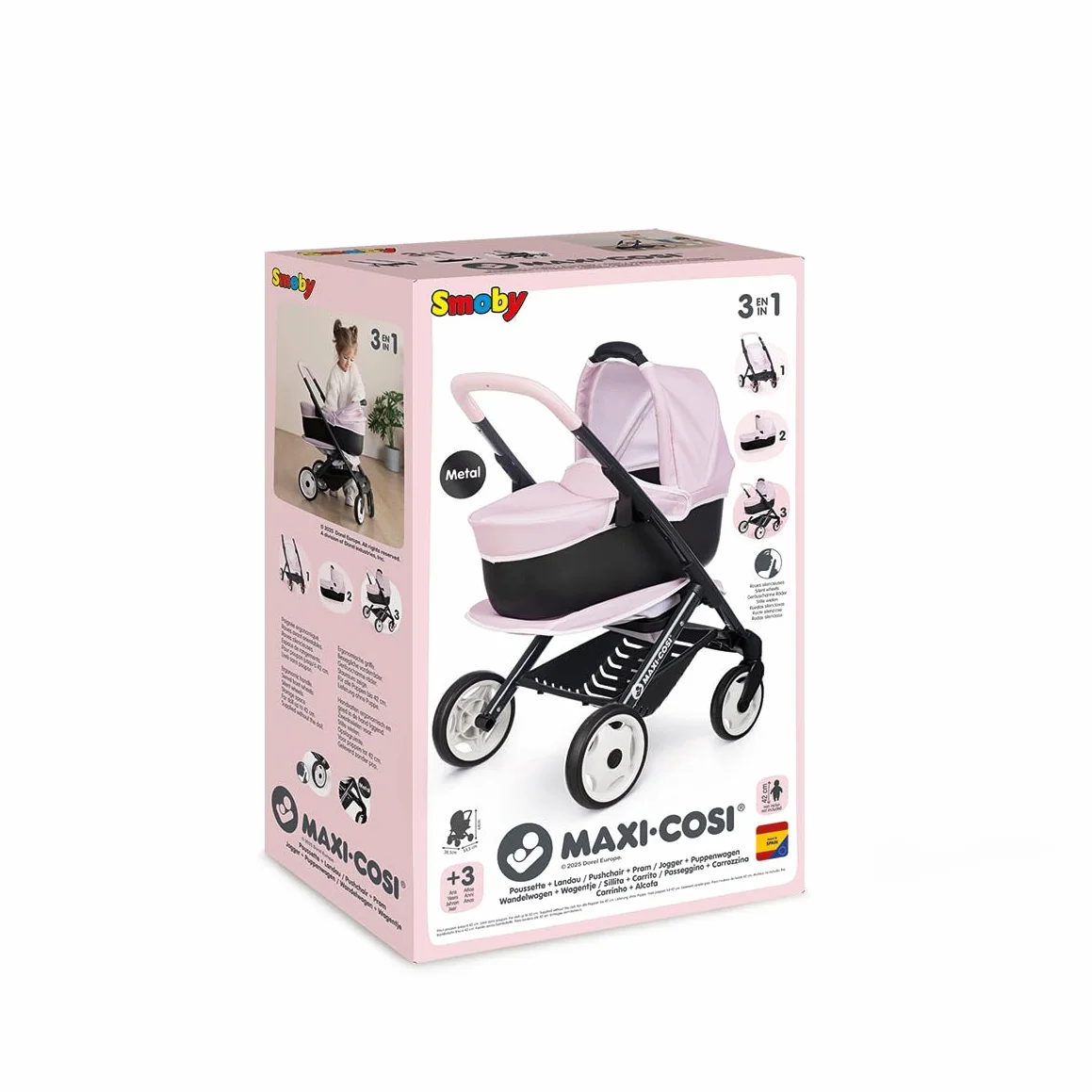 Smoby - Maxi-Cosi - Różowy wózek spacerowy i głęboki - Dla lalek do 42 cm - 3 w 1 - Imitacja zabawki - Ciche i wielokierunkowe koła - Duży kosz do przechowywania - Od 3 lat - Wyprodukowano w Hiszpanii