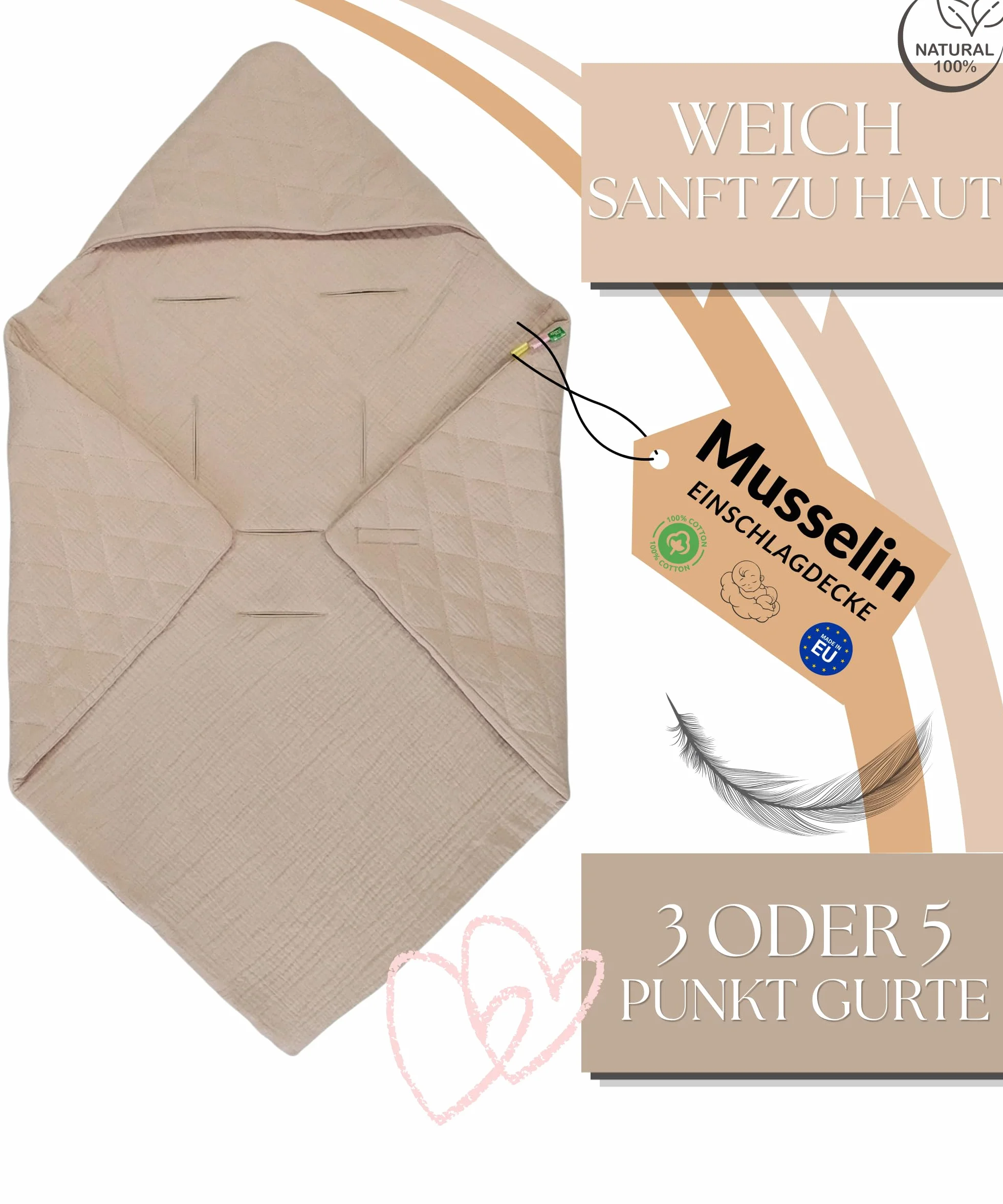 Otulacz do fotelika, nosidełka dla niemowlaka, pikowany miękki muślin 100% bawełna do 3 i 5-o punktowych pasów 78x78cm (Lniany)