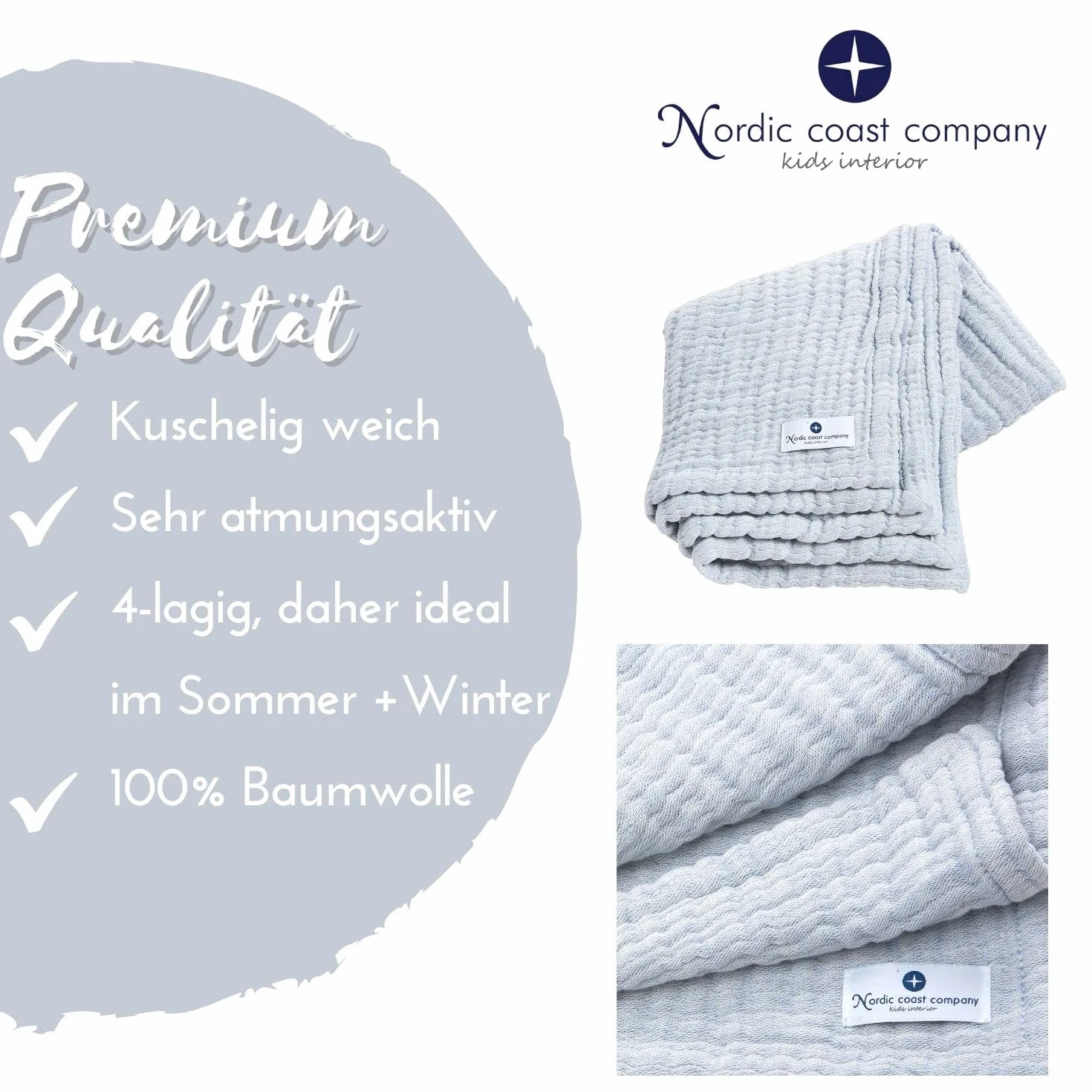 Nordic Coast® muślinowy koc duży – kocyk do raczkowania dla niemowląt w kolorze niebieskim – 90 x 120 cm – 100% bawełna Oeko Tex® – 4-warstwowy – chusta muślinowa – przytulny koc na podróż – bardzo miękki