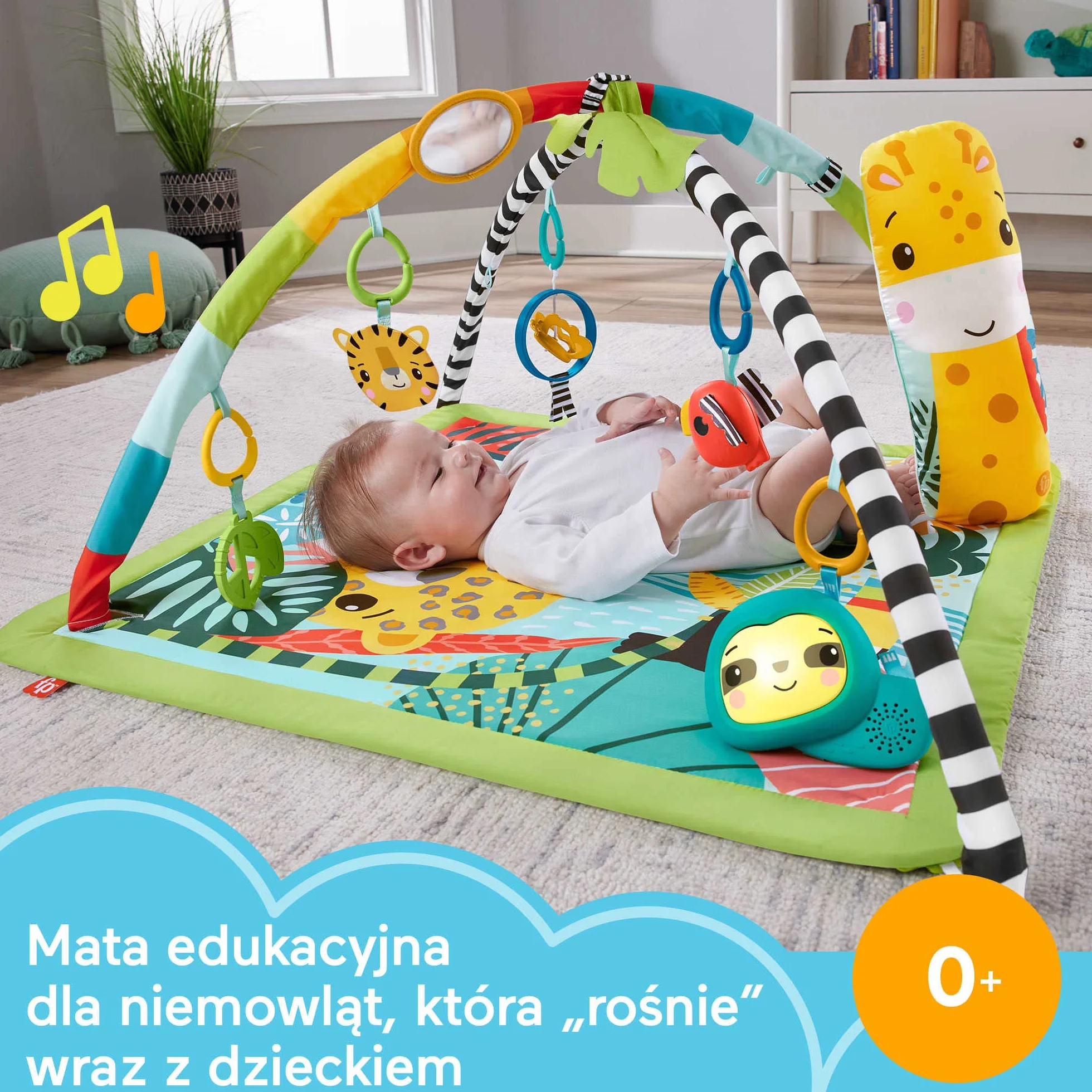 Fisher-Price Mata edukacyjna 3 w 1 Las tropikalny Mata do zabawy na brzuszku z 5 zabawkami sensorycznymi, światełkami, dźwiękami i łukiem do dostosowania, od noworodka po starsze dziecko, HJW08