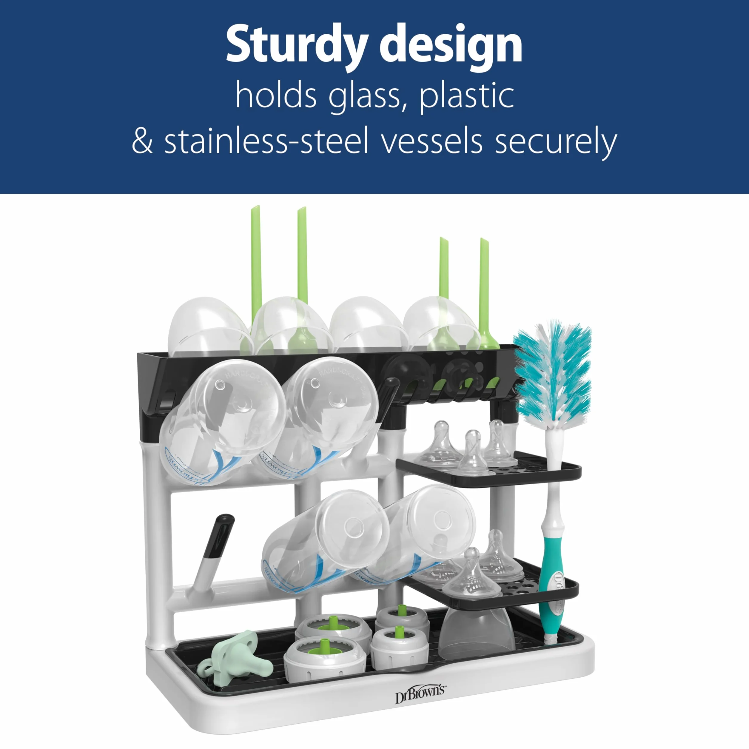 Dr. Brown's Drying Tower, Stand-Up Drying Rack, Countertop Baby Bottle Drying with Organized Storage for Baby Essentials, Space Saving Vertical Rack