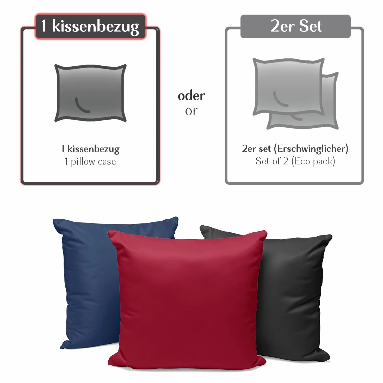 Alreya Renforcé Poszewka na poduszkę 60 x 60 cm – 100% bawełna, z zamkiem błyskawicznym YKK, super miękka poszewka na poduszkę, kolor Czarny (sama poszewka)
