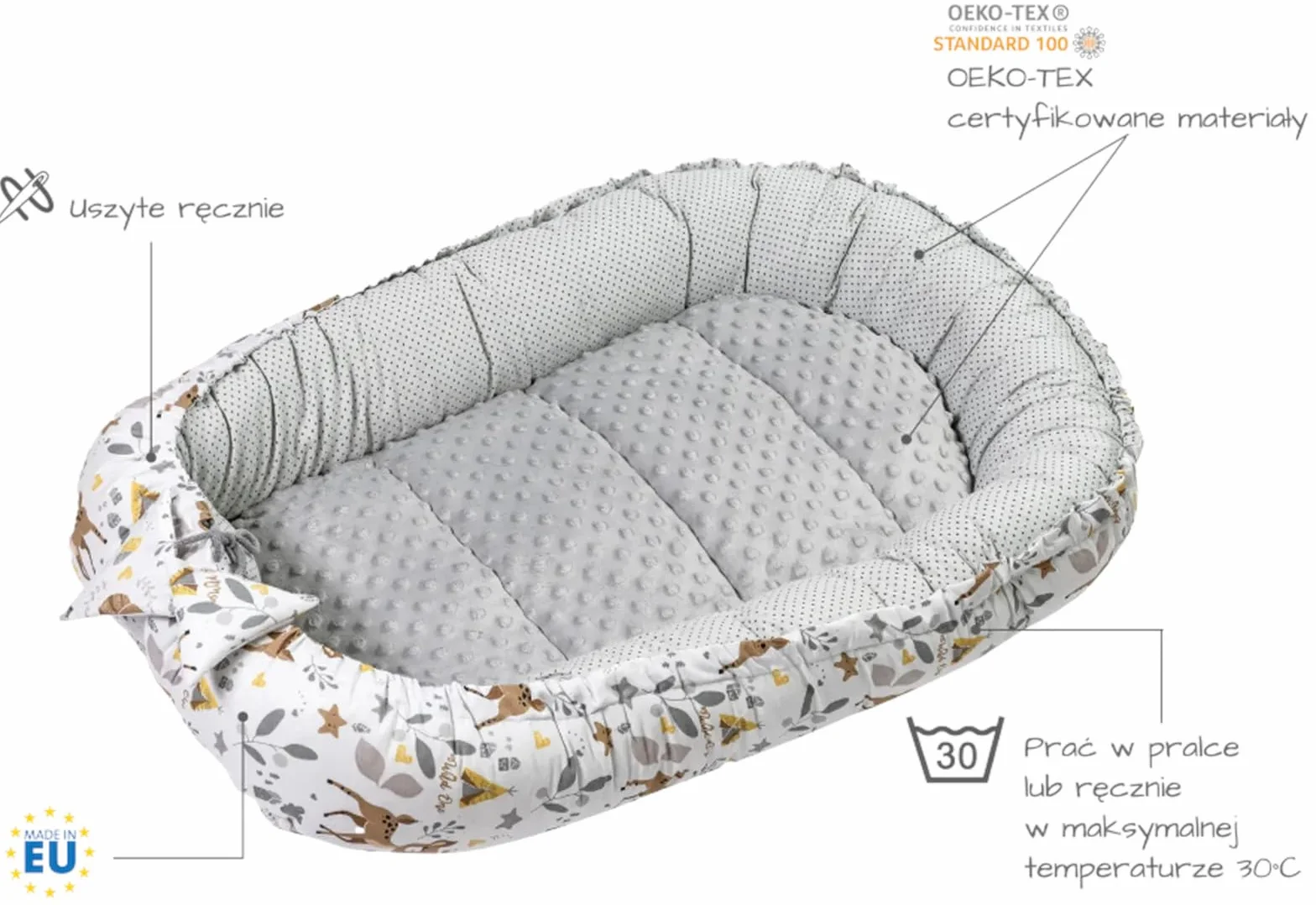 Medi Partners Kokon niemowlęcy Wyjmowana Wkładka 100x60x15cm Antyalergiczne wypełnienie Dwustronne Gniazdko 100% Bawełna (Jelonki)