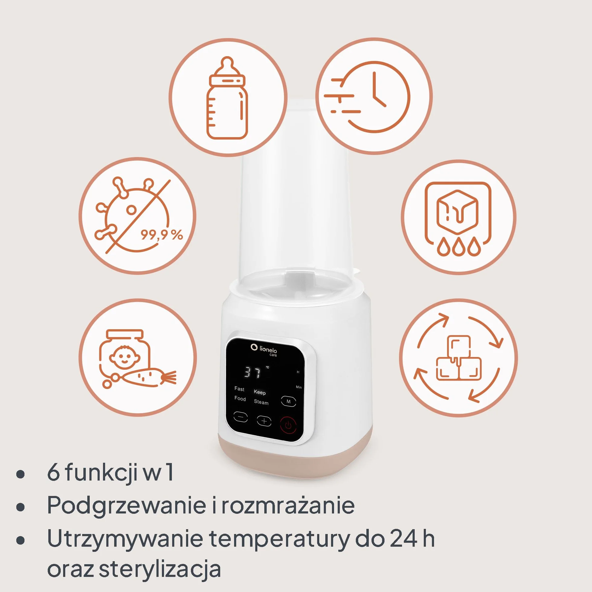 Lionelo Thermup 3.0 Elektryczny podgrzewacz do butelek dla niemowląt 6 w 1 ze sterylizatorem – podgrzewanie, rozmrażanie i sterylizacja posiłków dla niemowląt, 400 W, wyświetlacz dotykowy, 35-100 °C