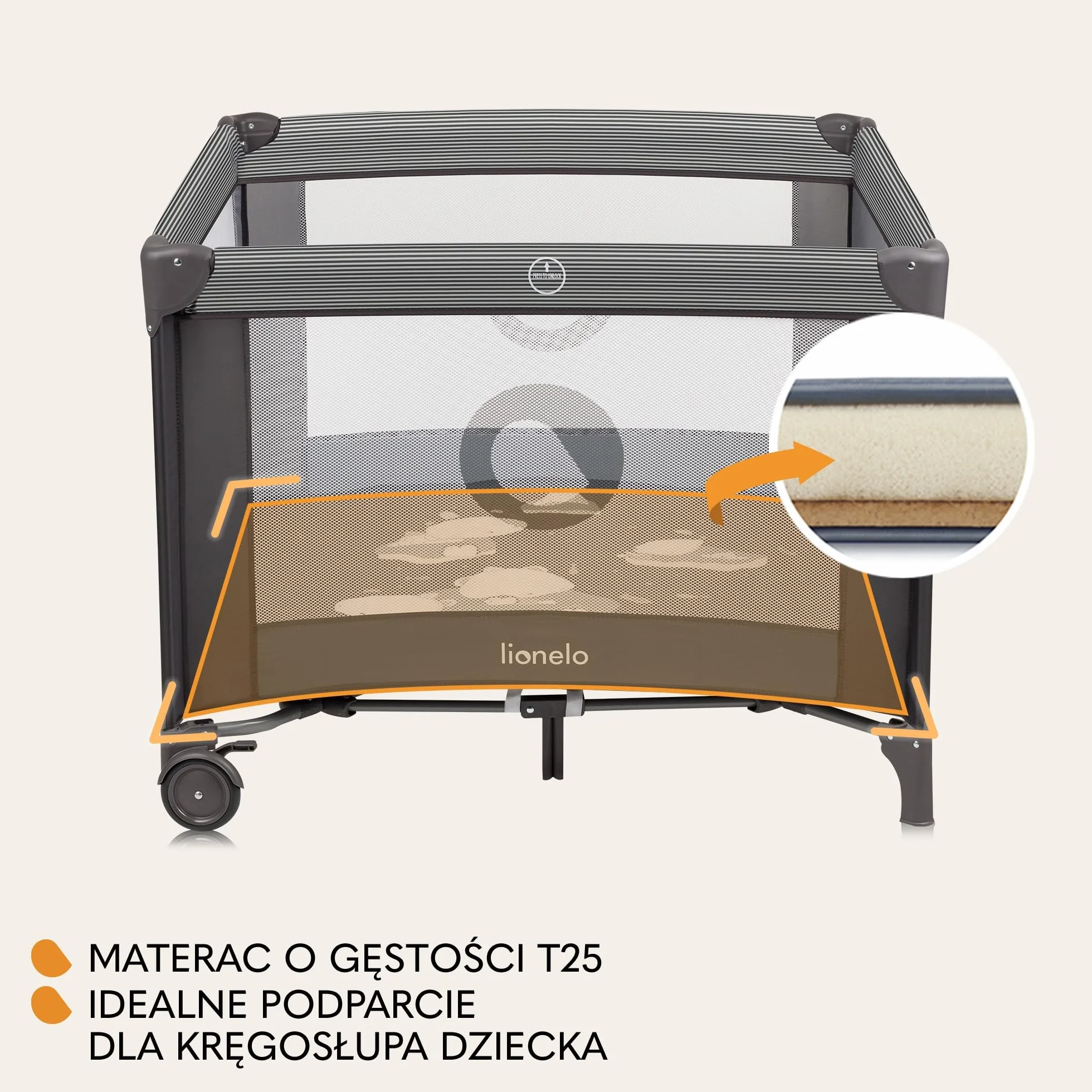 LIONELO BONNIE Kojec Dziecięcy do15 kg, od Urodzenia do 36 miesięcy Boczne Wejście na Zamek, Boki z Przewiewnej Siatki, Szybkie Składanie, Koła z Hamulcem, Torba do Przenoszenia (Ciemny szary)