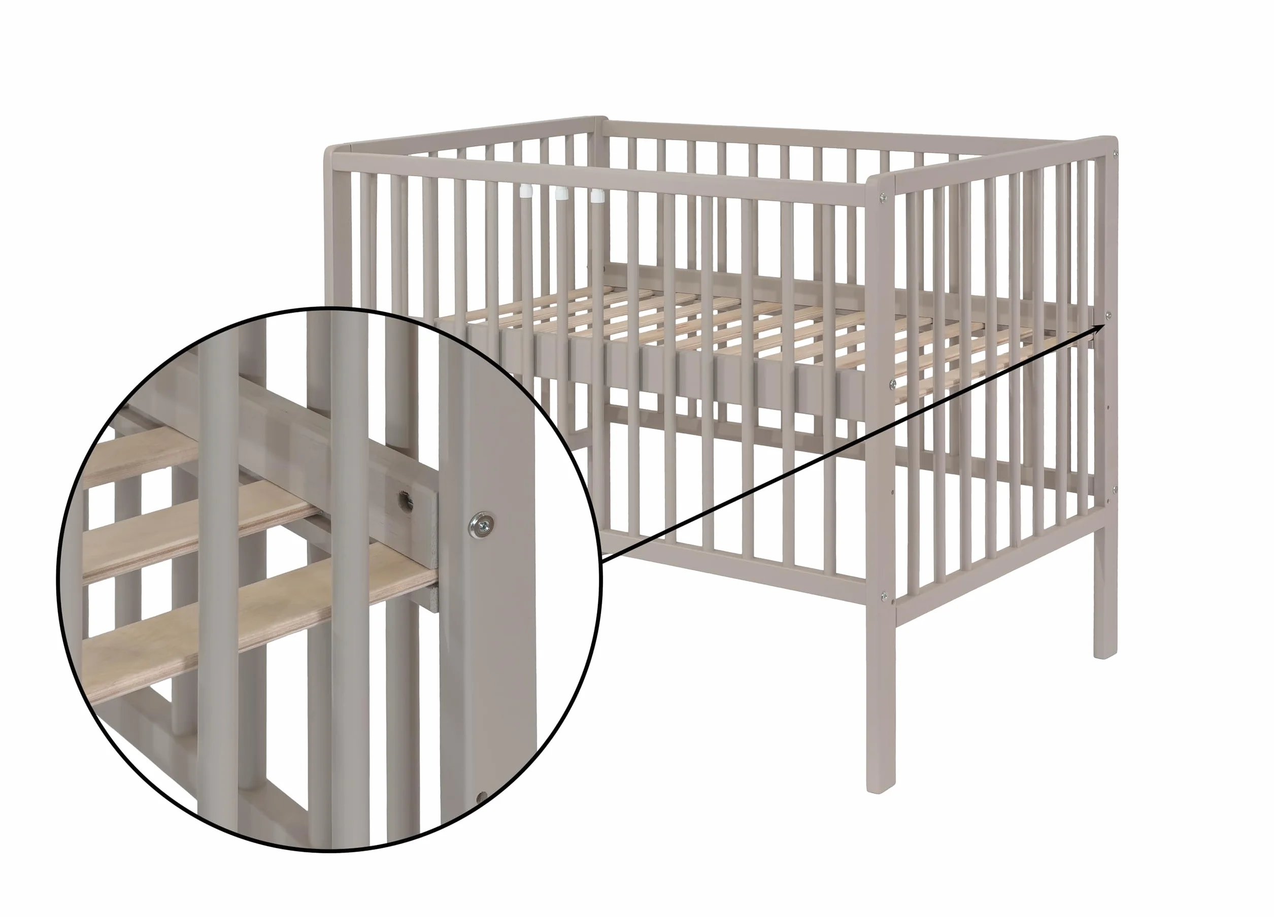 Łóżeczko dziecięce JULIA 100x60 cm z materacem – drewno bukowe – 3 poziomy regulacji – wyjmowane szczebelki – EN 716 (Taupe)