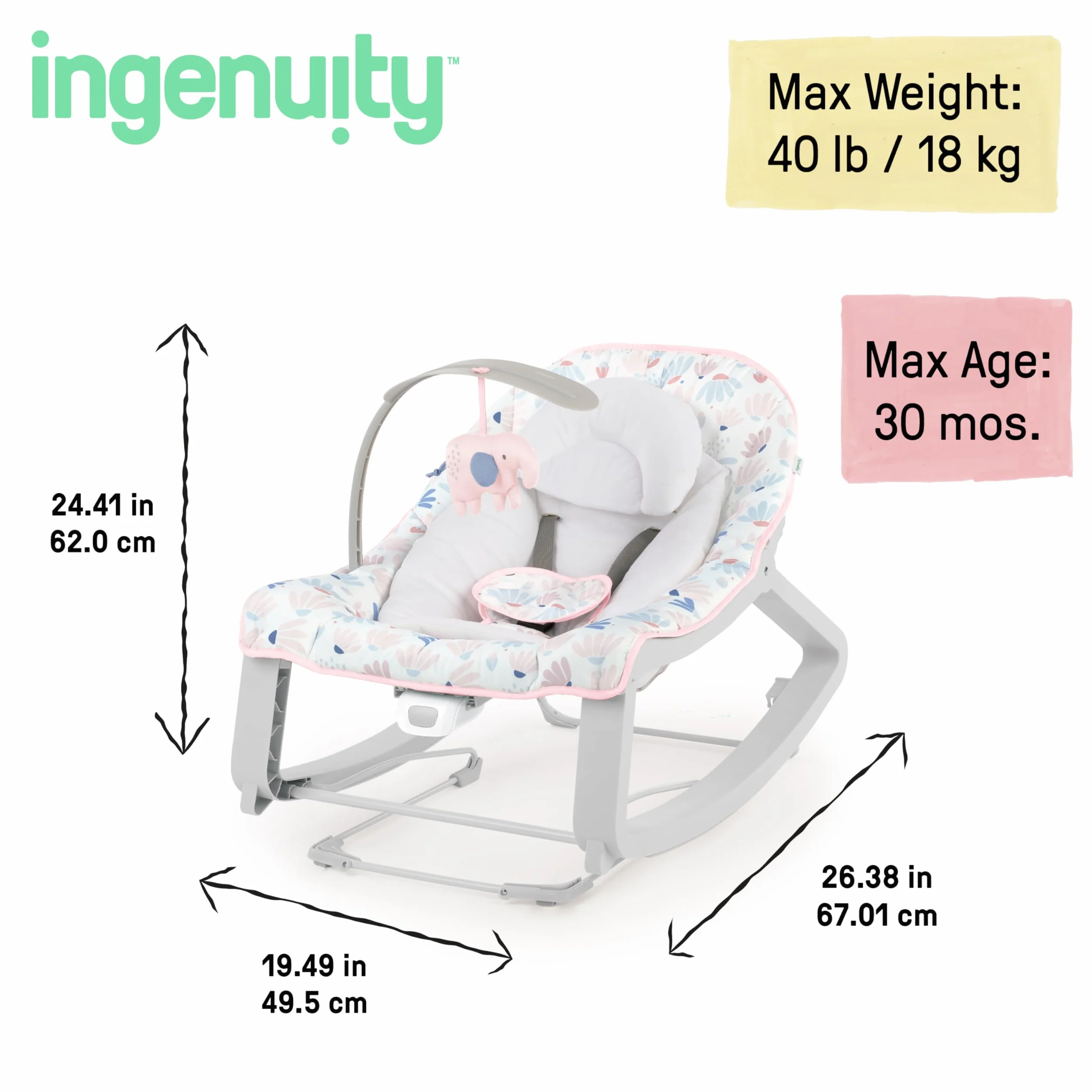 Ingenuity, Keep Cozy 3 w 1 Grow with Me, kołyska dla niemowląt Burst z wibracjami, 3 funkcje przechylania do huśtawki, huśtawki lub jako stałe siedzenie, 2 pozycje leżenia, zdejmowany łuk do zabawy,