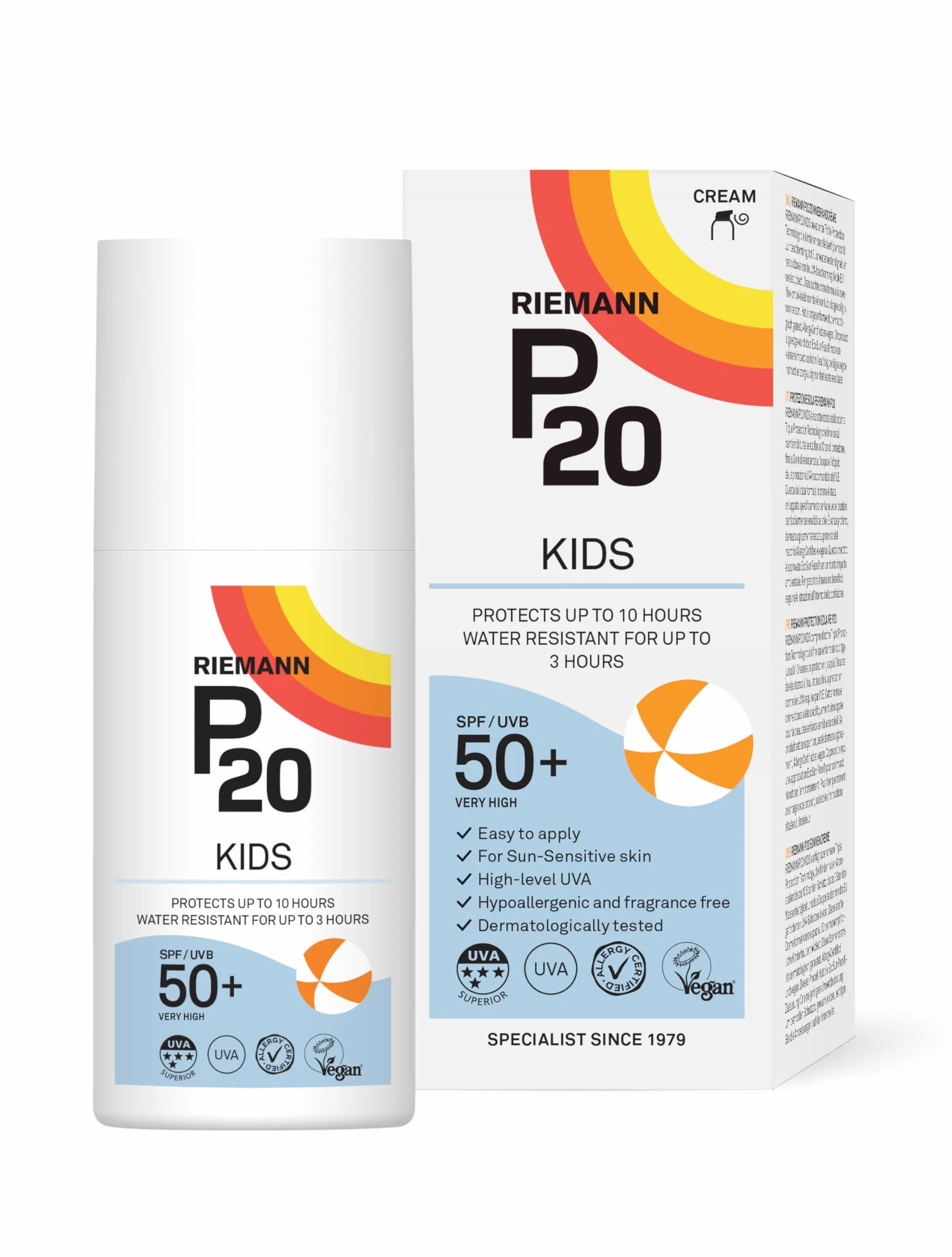 Riemann P20 Krem przeciwsłoneczny dla dzieci, SPF50+, 200 ml, długotrwała ochrona do 10 godzin, wodoodporny do 3 godzin, odpowiedni dla dzieci od 1 roku