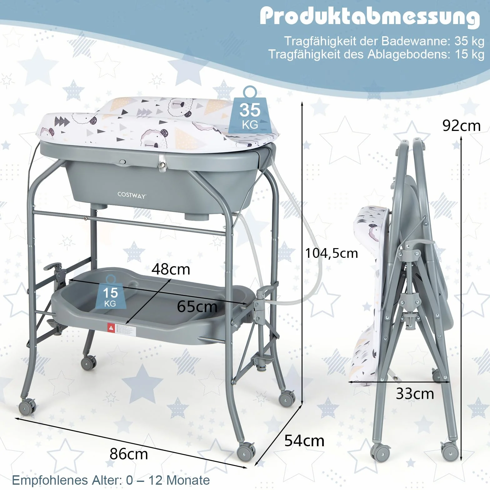 COSTWAY Stół do przewijania 4 w 1 z wanną, przenośny przewijak z pokrywą z PCW i rurami odpływowymi, przenośny, składany, z uniwersalnymi kółkami dla dzieci w wieku 0-12 miesięcy, obciążenie do 35 kg,