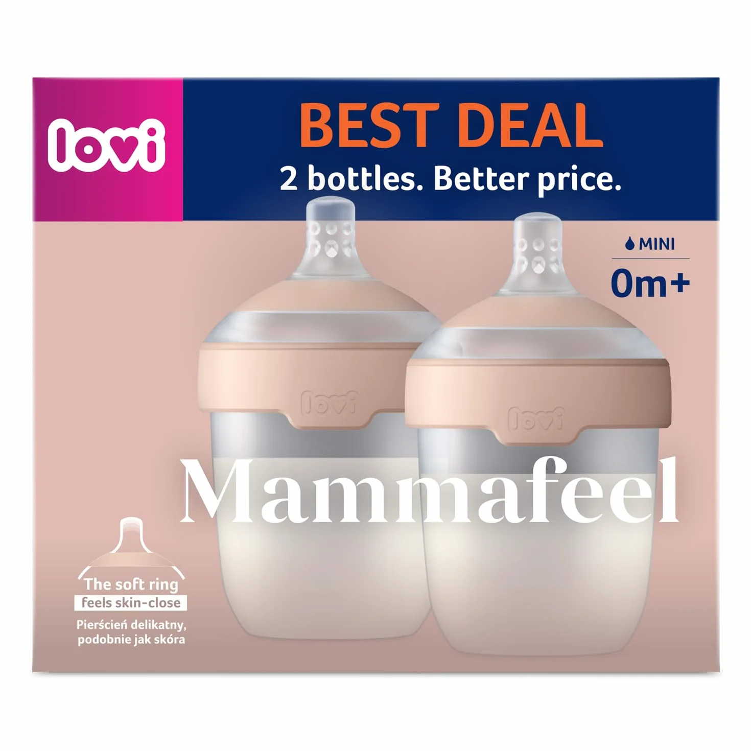 LOVI Dwupak Butelka Mammafeel ze smoczkiem do karmienia, Nie zaburza odruchu ssania, 0% BPA (150 ml)