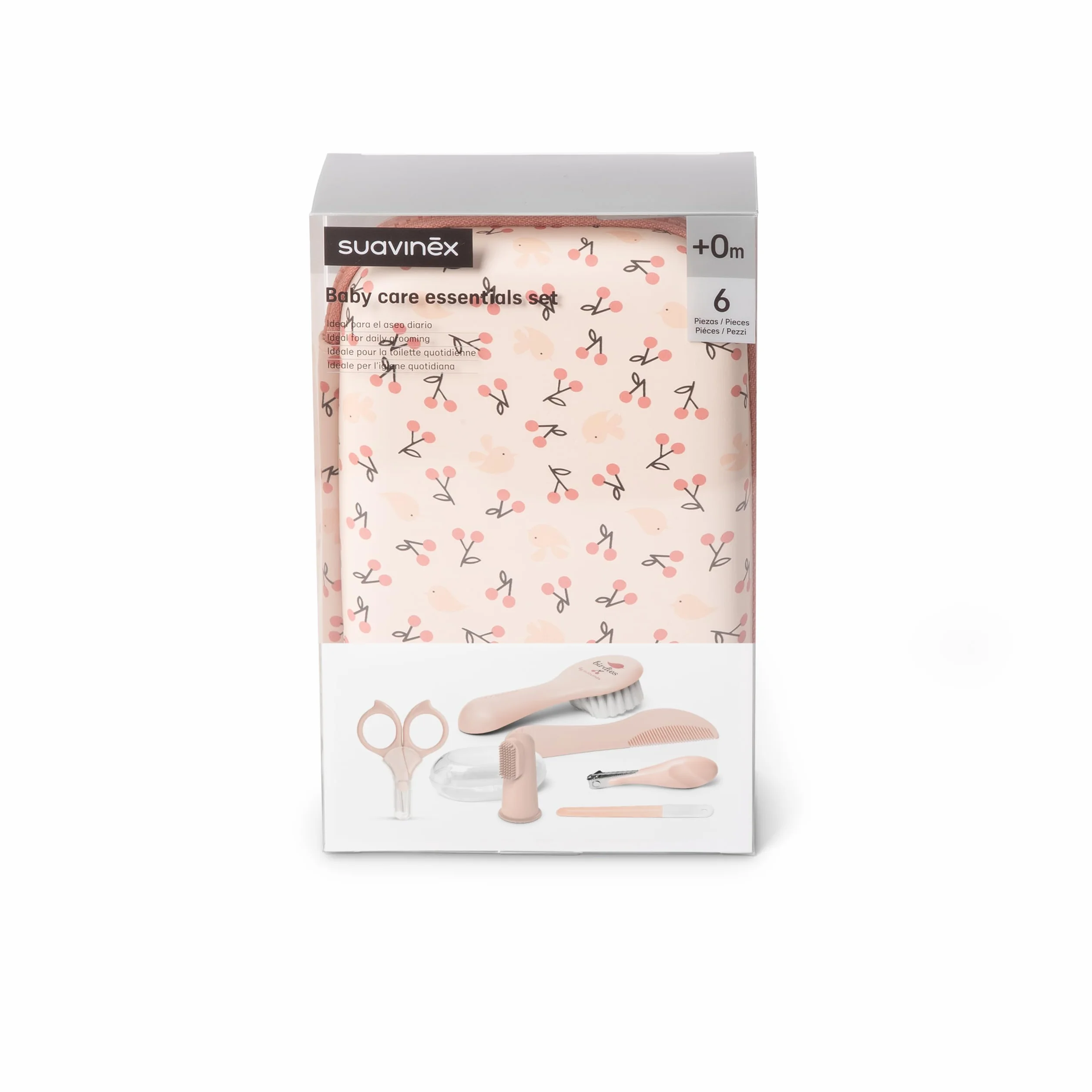 Suavinex, Zestaw do pielęgnacji niemowląt, kompletny i przenośny zestaw do manicure, zawiera: szczotkę i grzebień + szczoteczkę do zębów + nożyczki + pilnik + obcinacz do paznokci, 6-częściowy, różowy