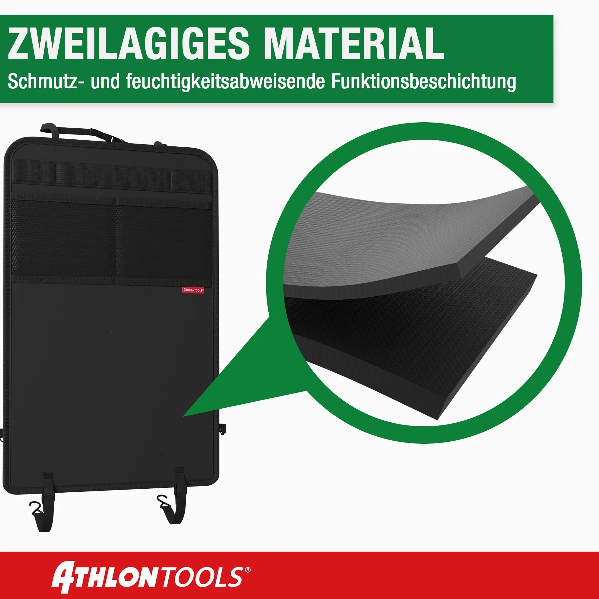 ATHLON TOOLS Mata ochronna na oparcie z powłoką, wzmocniona – z kieszeniami z siatki – odporna na zabrudzenia, łatwa w utrzymaniu i odporna na działanie wody, Czarny - 1 szt.