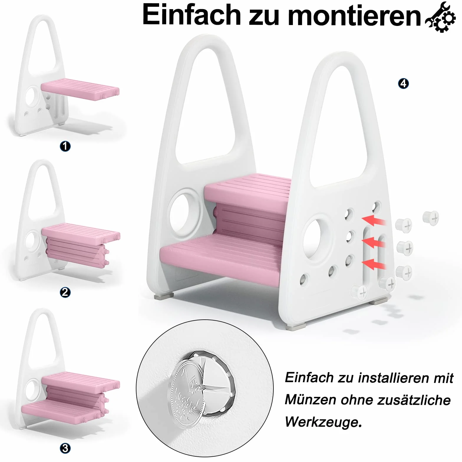 UISEBRT Taboret dla dzieci, 2 poziomy, stołek dziecięcy, dla małych dzieci, wieża do nauki, antypoślizgowa, z tworzywa sztucznego, do łazienki, sypialni, kuchni, pokoju dziecięcego, różowy