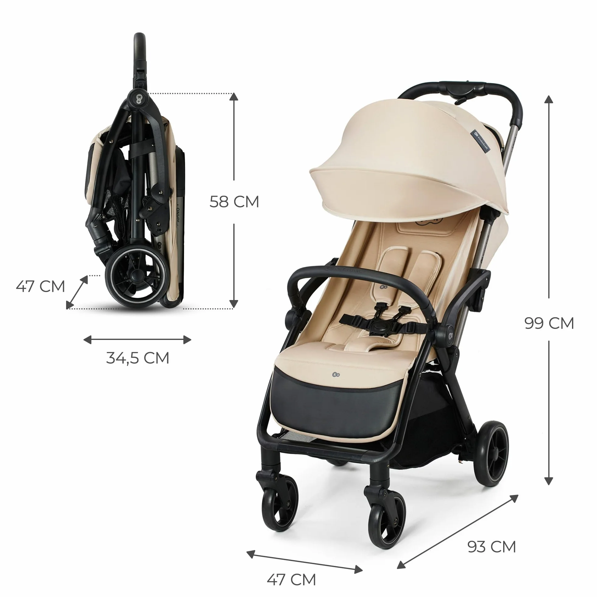 Kinderkraft APINO Lekka Spacerówka, Wózek dziecięcy, Idealny na podróż, AUTO FOLDING, Składany, Kompaktowy, Lekki, Tylko 7,5kg, Wodoodporna budka, Regulacja oparcia, obciążenie do 24kg, Beżowy