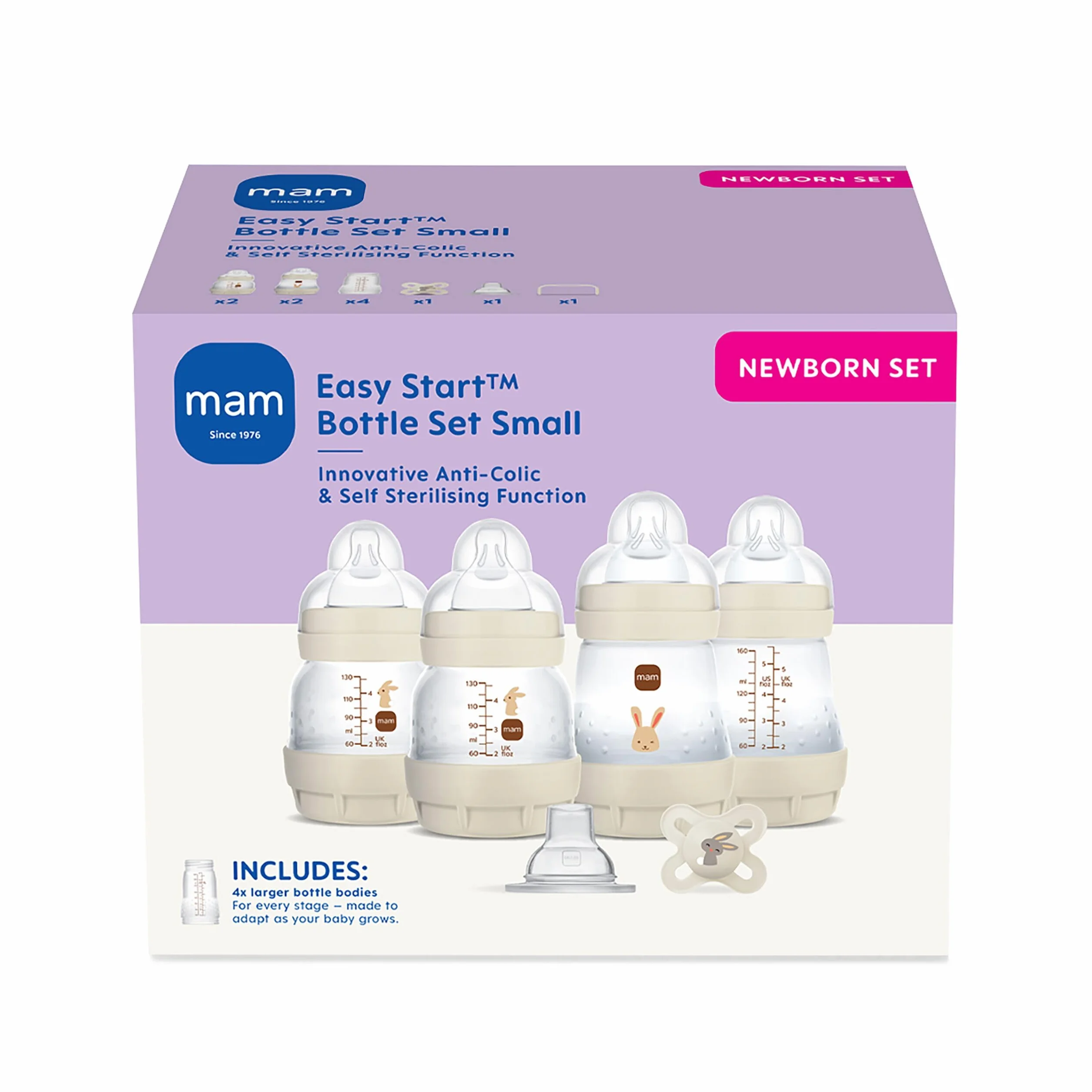 MAM Easy Start zestaw startowy do samodzielnego sterylizacji, antykolkowy, zestaw butelek dla noworodków i smoczek, niezbędne dla noworodków, kolor biały (wzory mogą się różnić)