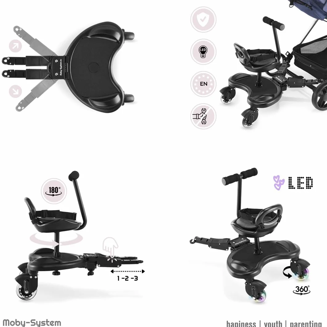 Moby-System Uniwersalna Dostawka do Wózka 2w1 z Siedziskiem i Kołami LED, Obciążenie do 20 kg