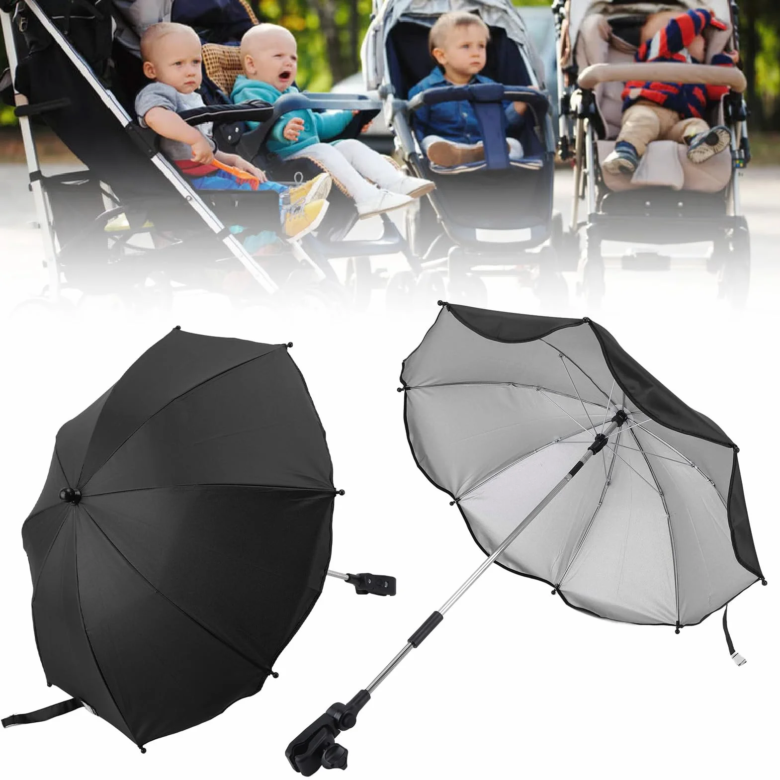 Parasol do Wózka Dziecięcego 14 Cali, Uniwersalna Parasolka do Wózka Dziecięcego Regulowana Ochrona UV Parasol Przeciwsłoneczny do Wózka Spacerowego, Gondoli, Wózka Inwalidzkiego (Czarny (srebrny klej))