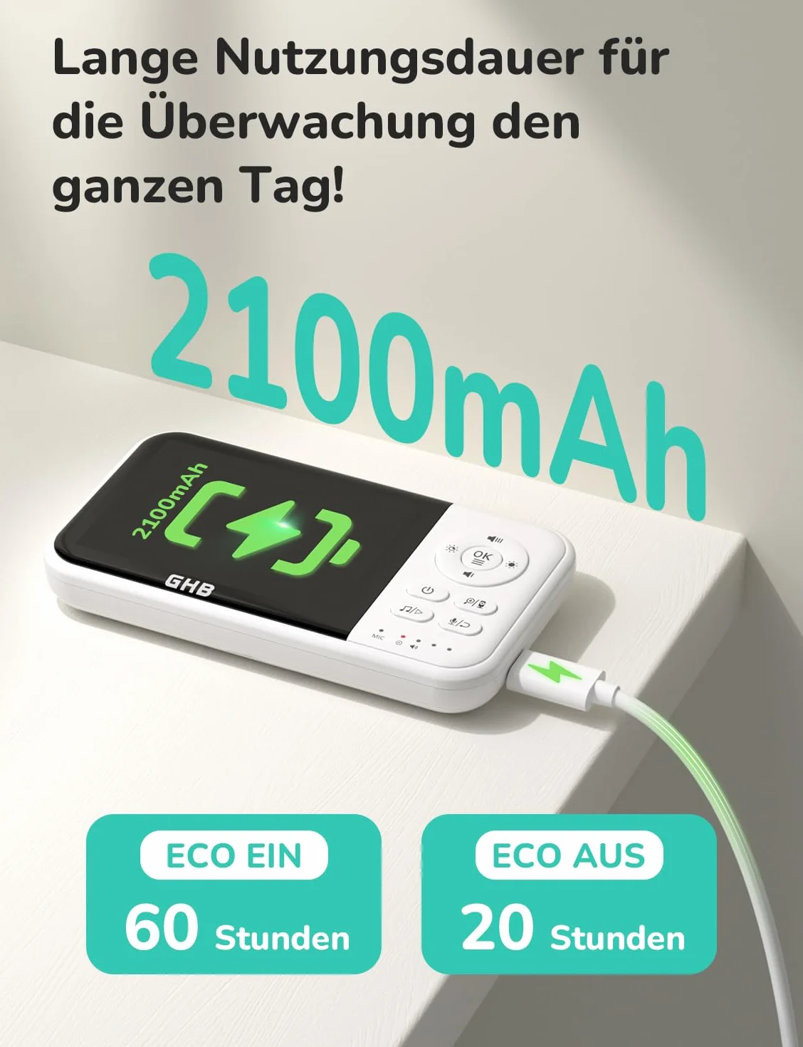 GHB Babyphone z kamerą, niania elektroniczna, 3,2-calowy wyświetlacz LCD, bateria 2100 mAh, 2-krotny zoom, czujnik temperatury, noktowizor, interkom