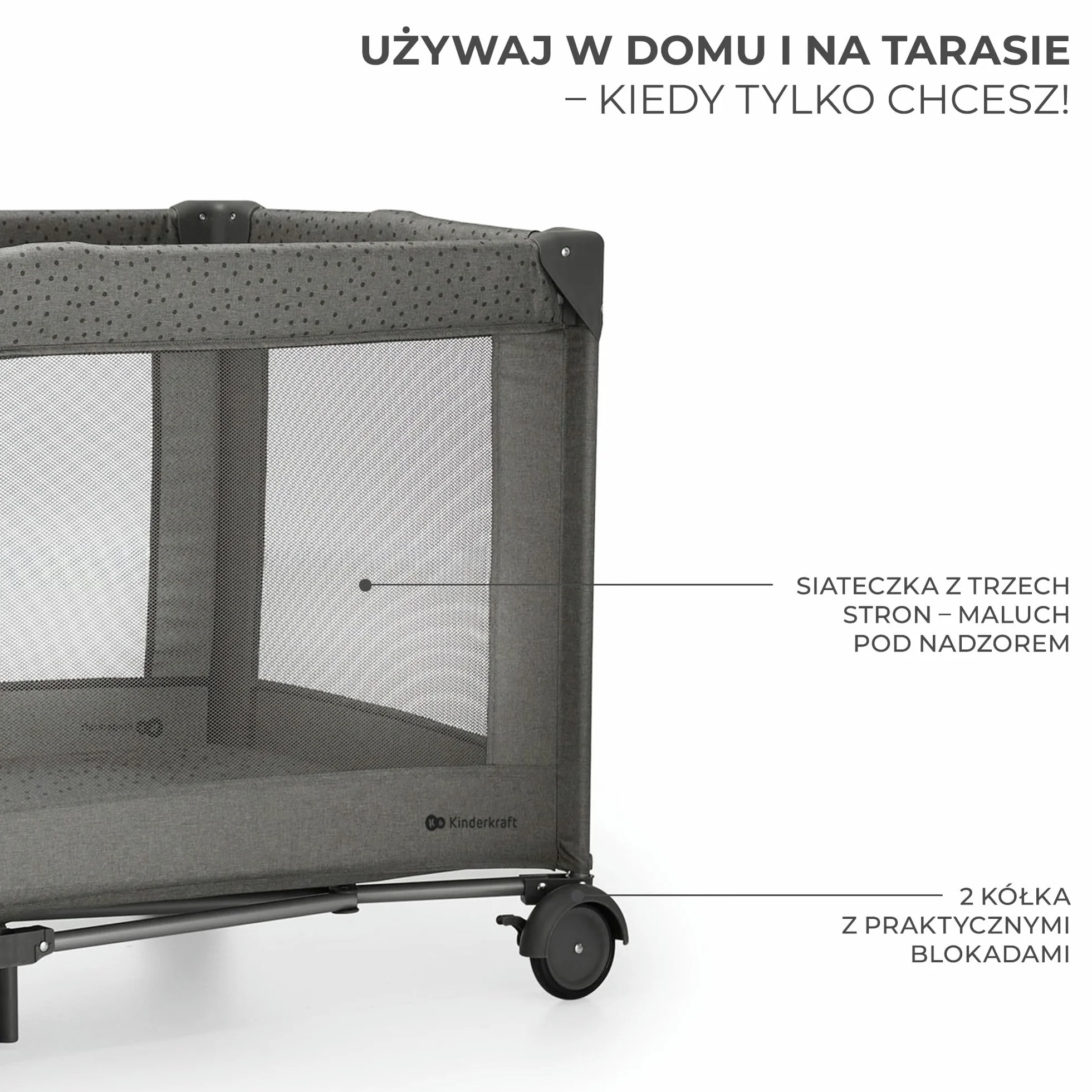 Kinderkraft JOY ACC 2 Łóżeczko turystyczne 3 w 1, Boczne wejście, Szybkie składanie i rozkładanie, Zabezpieczenie przed złożeniem, Kółka i torba ułatwiające transport, Pałąk z zabawkami, Szary