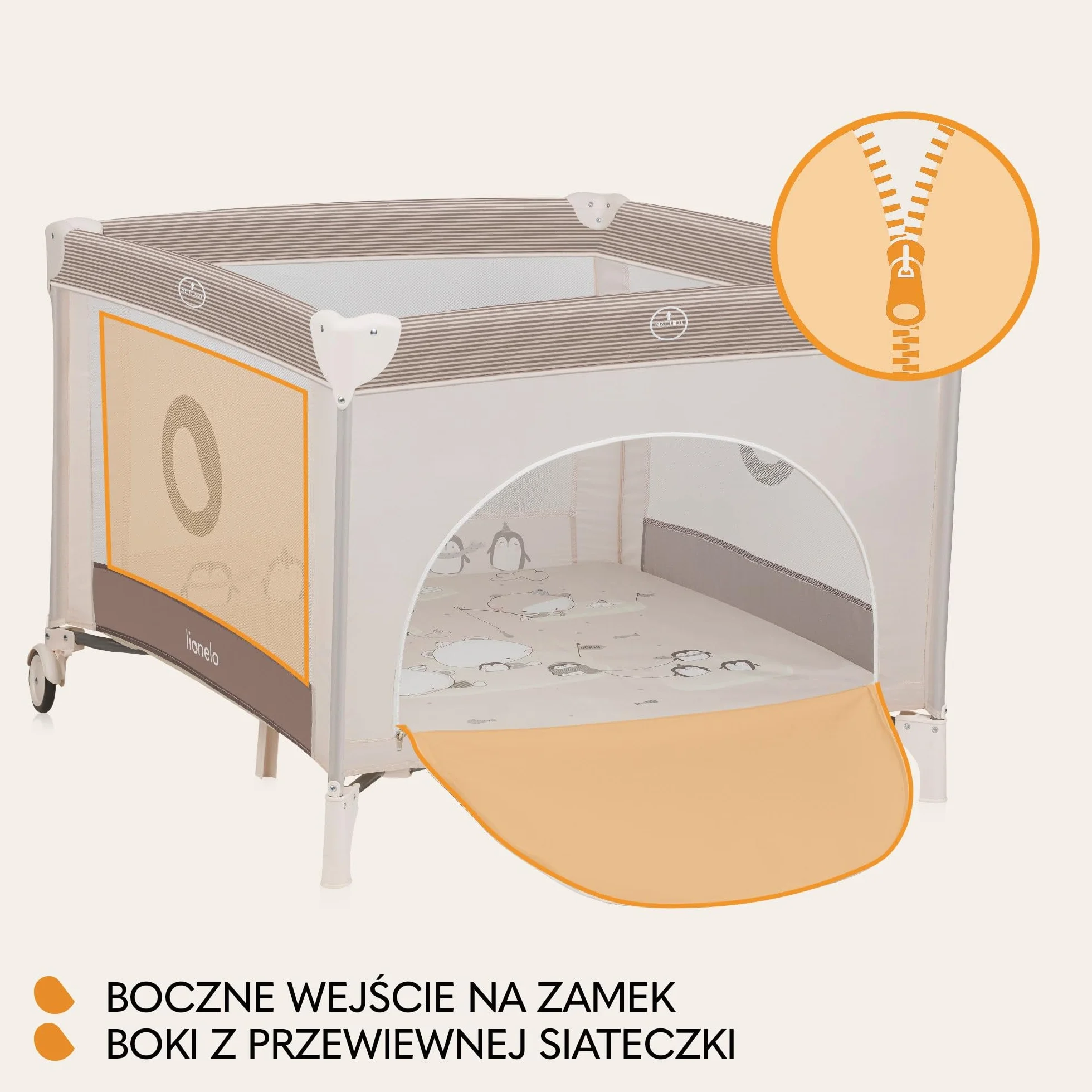 LIONELO BONNIE Kojec Dziecięcy do15 kg, od Urodzenia do 36 miesięcy Boczne Wejście na Zamek, Boki z Przewiewnej Siatki, Szybkie Składanie, Koła z Hamulcem, Torba do Przenoszenia (Beżowy)