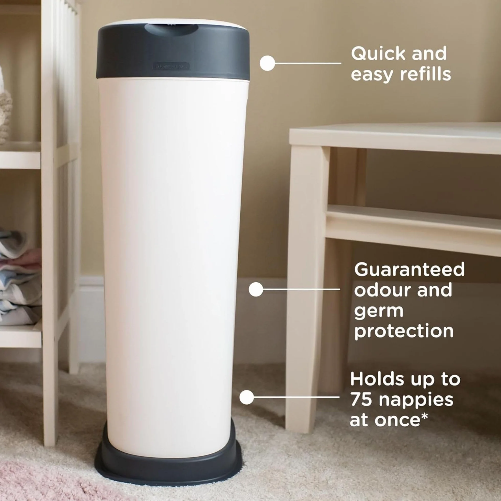 Tommee Tippee Twist & Click Sangenic XL, mieści do 60 pieluch, 76 cm wysokości, z 1 wkładem wymiennym z folią antybakteryjną GREENFILM pozyskiwaną w sposób zrównoważony, biały