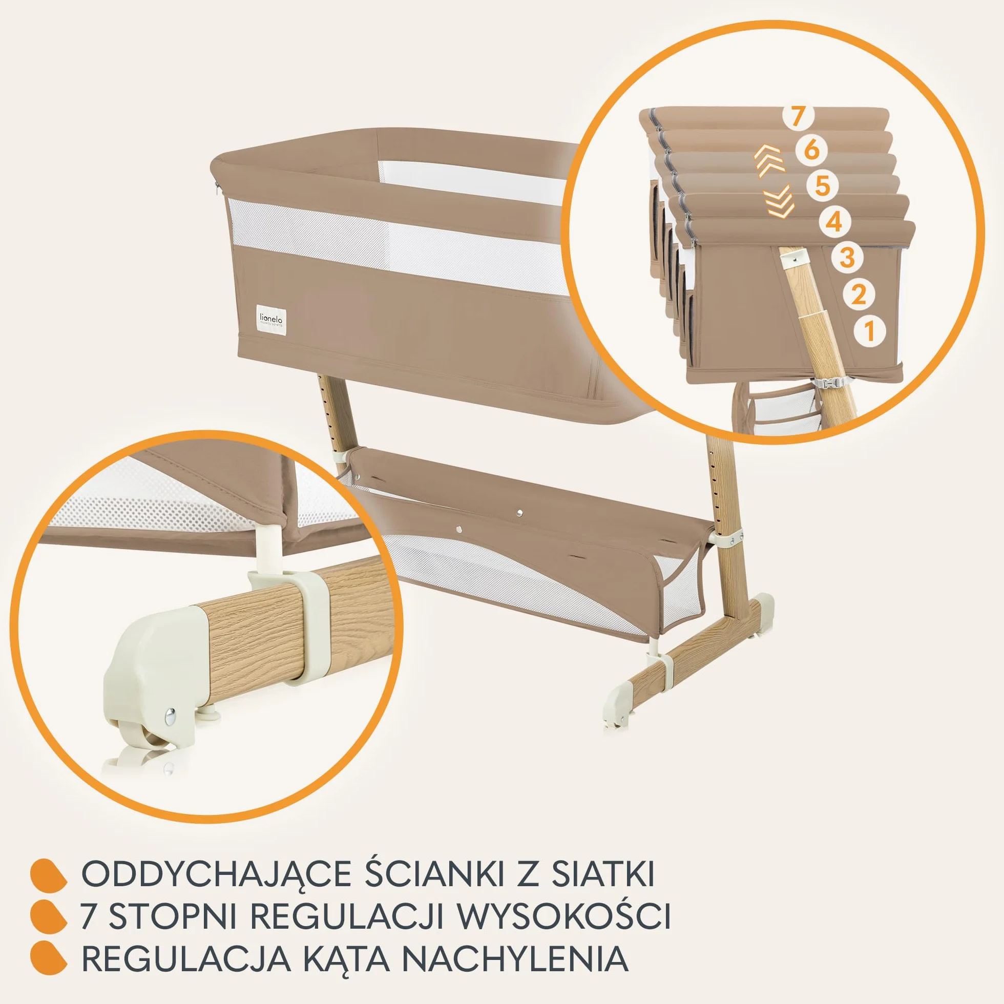 LIONELO THOMI PLUS 5 w 1 Dziecięce Łóżeczko Wolnostojące, Dostawne do 9kg, dla Starszego Dziecka do 30 kg, Kojec do 15 kg, Sofa do 100 kg Regulacja Wysokości, 2 Koła, Otwierany Bok (Carmel)