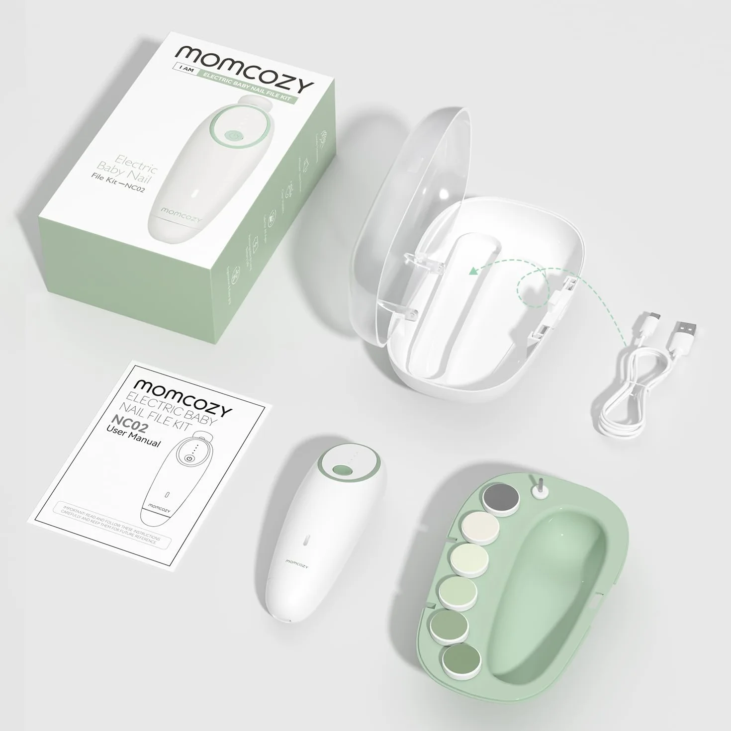 Momcozy Elektryczny pilnik do paznokci dla niemowląt, delikatny trymer do paznokci dla niemowląt, elektryczny obcinacz do paznokci dla niemowląt, 360° przeciwmgielne światło LED, 7 wymiennych