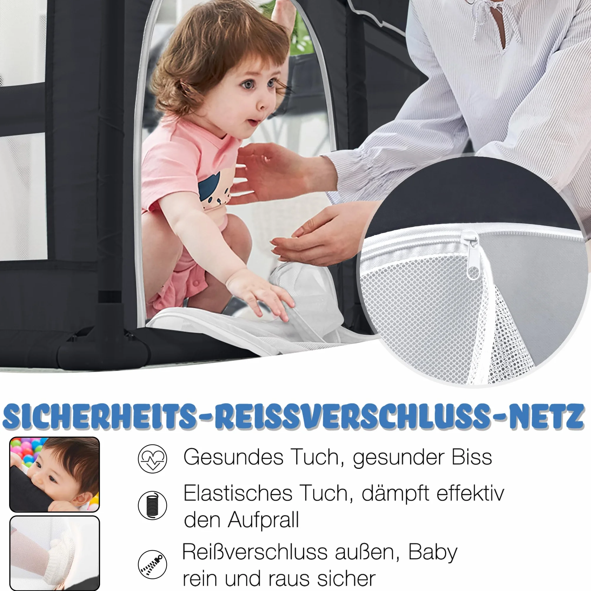 UISEBRT Kojec dla niemowląt, kratka ochronna z antypoślizgową podstawą i oddychającą siatką, 50 piłek, stabilna kratka odcinająca, centrum aktywności dla dzieci, kolor czarny, 127 x 127 cm
