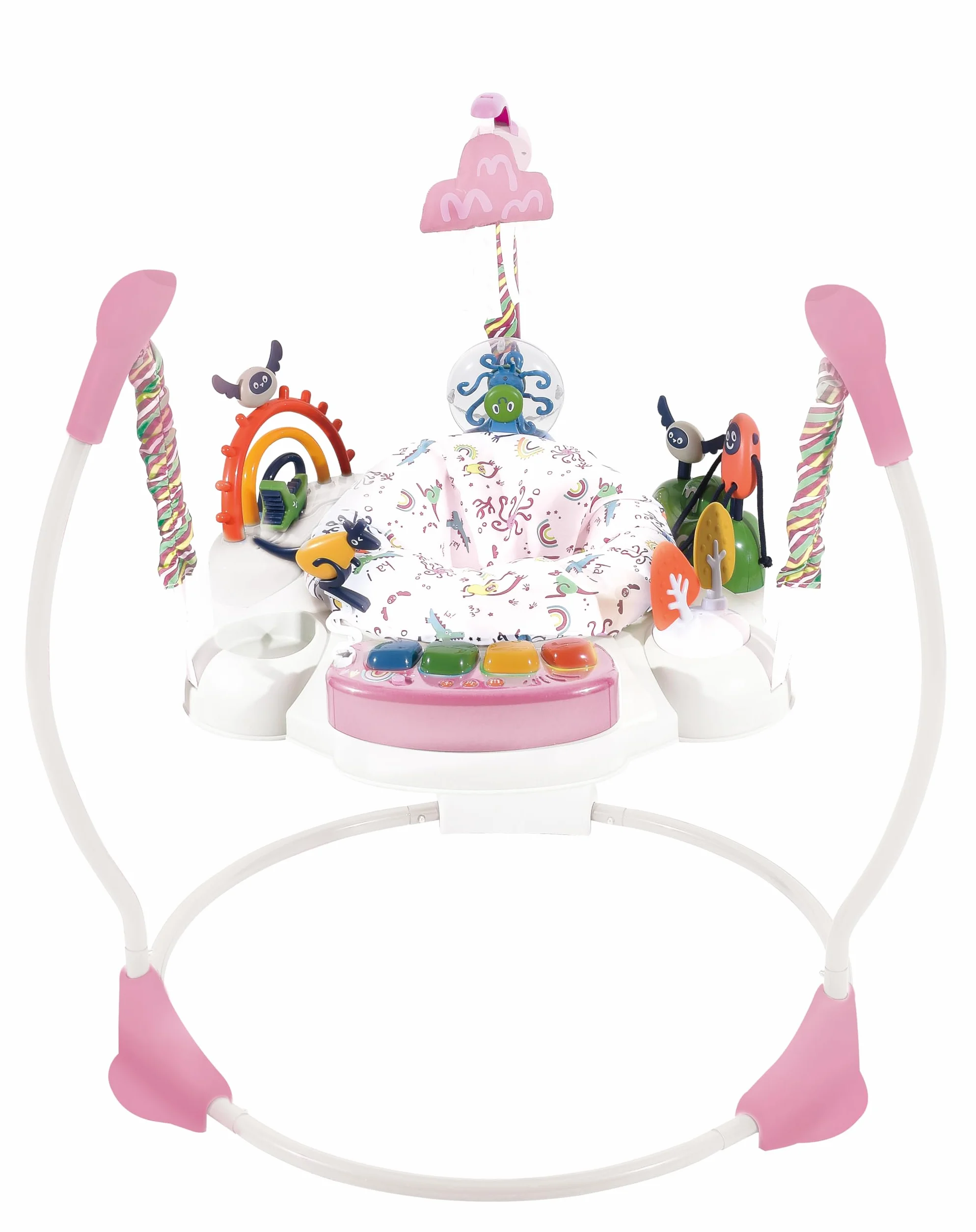 COSTWAY Baby Rainforest Jumperoo pomoc do nauki chodzenia z regulowanymi wysokościami, obracane o 360° siedzisko i zdejmowany tablet muzyczny, Baby Bouncer z oświetleniem i dźwiękiem, centrum