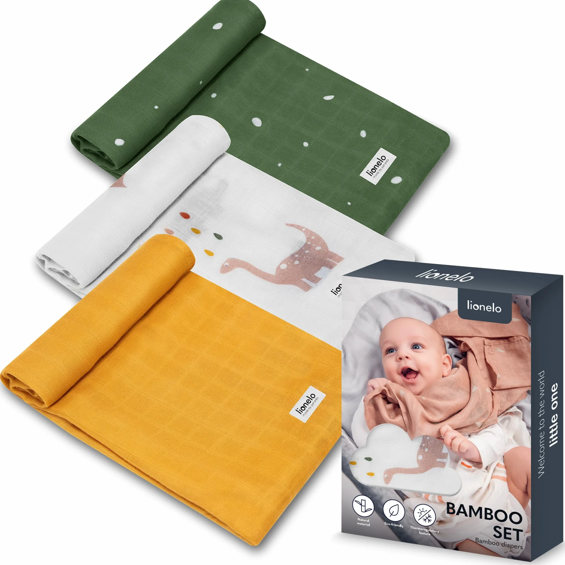 LIONELO Bamboo Set 3szt naturalne pieluszki bambusowe 70x70 od 1 dnia życia, antybakteryjne, przeciwgrzybiczne, hipoalergiczne, delikatny, miękki, kocyk, podkład do przewijania
