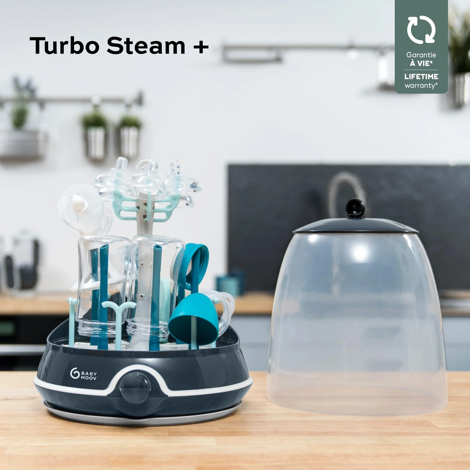 Babymoov Turbo Steam Plus sterylizator parowy i stojak do ociekacza butelek dla niemowląt