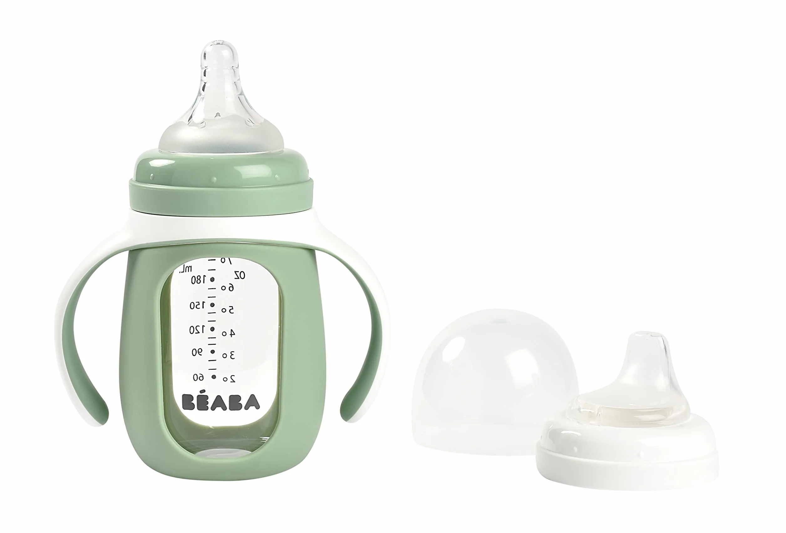 BÉABA, kubek do nauki 2 w 1, szkło, silikonowa obudowa, mocna, zdrowa, 100% wodoodporna, zdejmowane uchwyty, 210ml, szałwia zielona