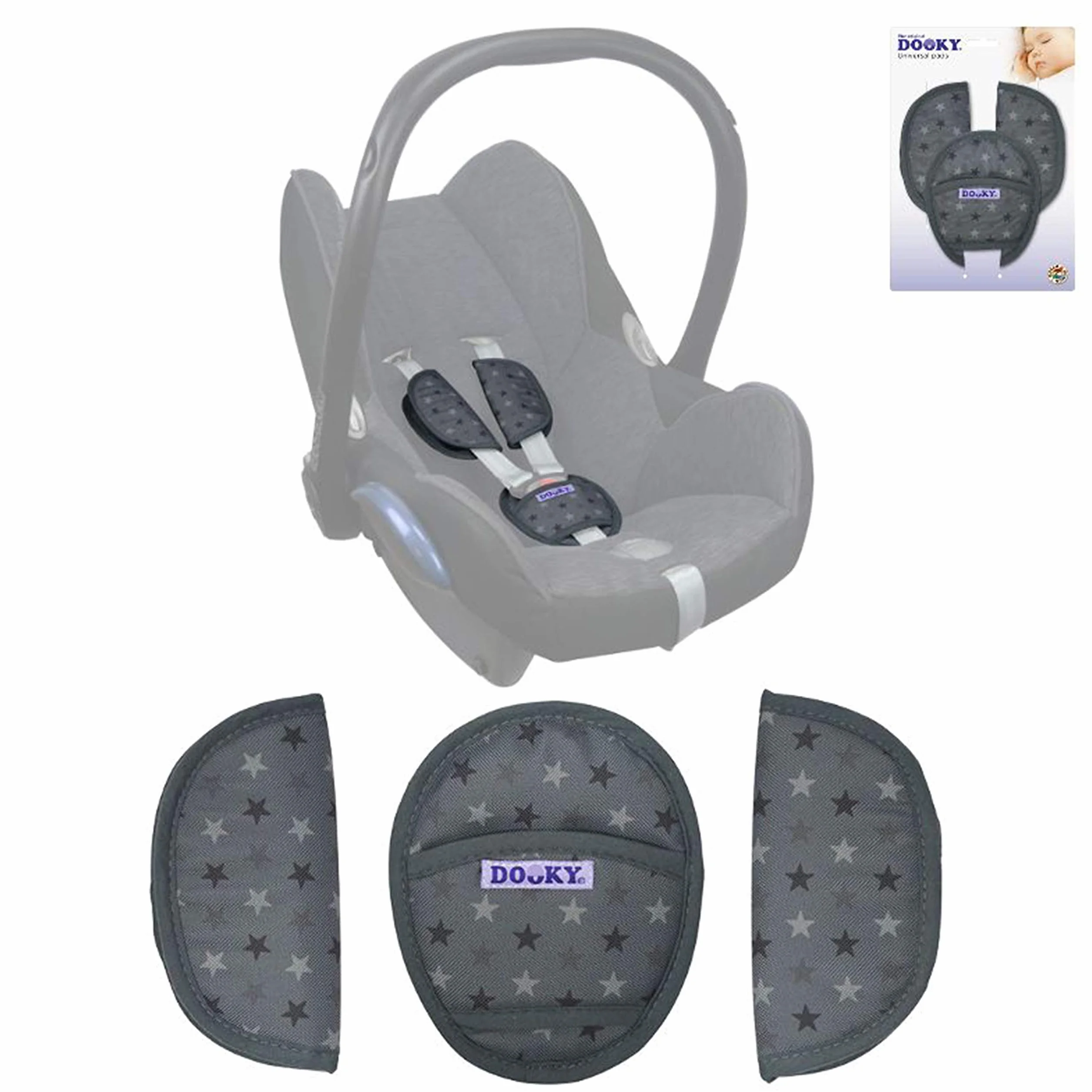 Dooky Universal Pads Ochraniacze pasów bezpieczeństwa & Podkładki pod pasy do nosidełka dla niemowląt, wózka & fotelika samochodowego (wzór:grupa wiekowa 0+, dla większości marek), Biały