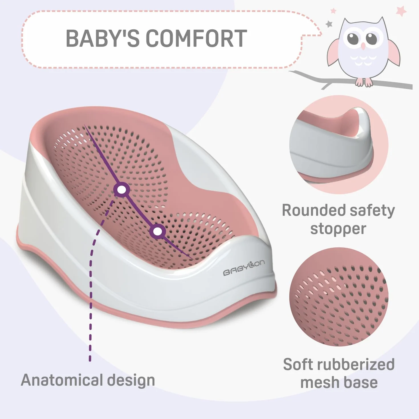 BABYLON DOLPHIN Siedzisko do wanny dla niemowląt od 0-6 miesięcy – ergonomiczna wanna dla dzieci – hipoalergiczna, odporna na pleśń, antypoślizgowa – wanna pod prysznic – różowa
