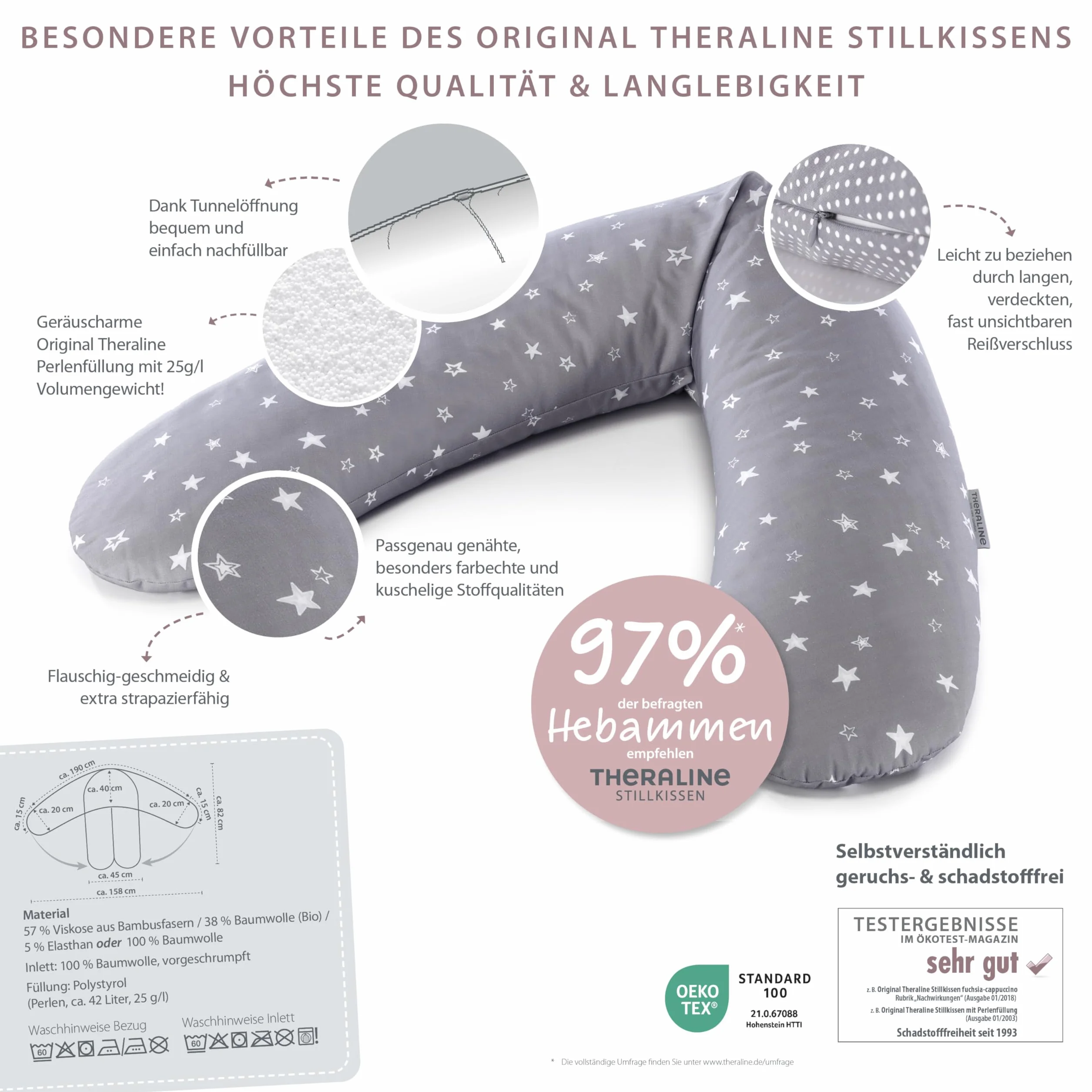 Theraline Oryginalna poduszka ciążowa i do karmienia 190 cm – poduszka dla śpiących na boku, poduszka do karmienia z perłami – w zestawie z poszewką na poduszkę do karmienia Melange niebiesko-szara