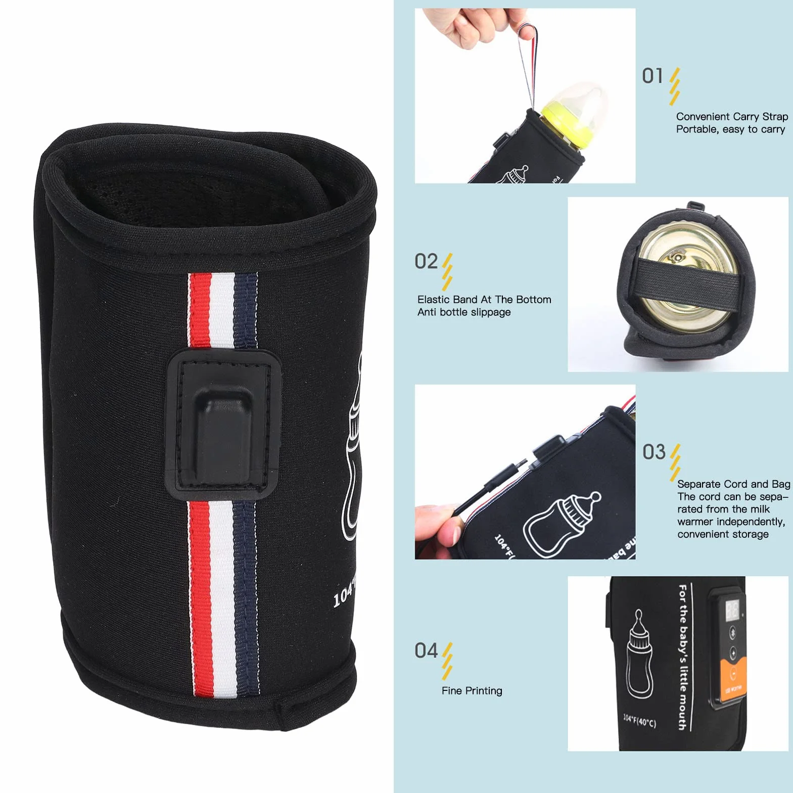 Podgrzewacz do Butelek USB 10 W Kieszonkowy Termostat do Butelek Przenośny Podgrzewacz do Butelek z Wyświetlaczem LCD ze smyczą z Haczykiem i pętelką, Podróżny Podgrzewacz do
