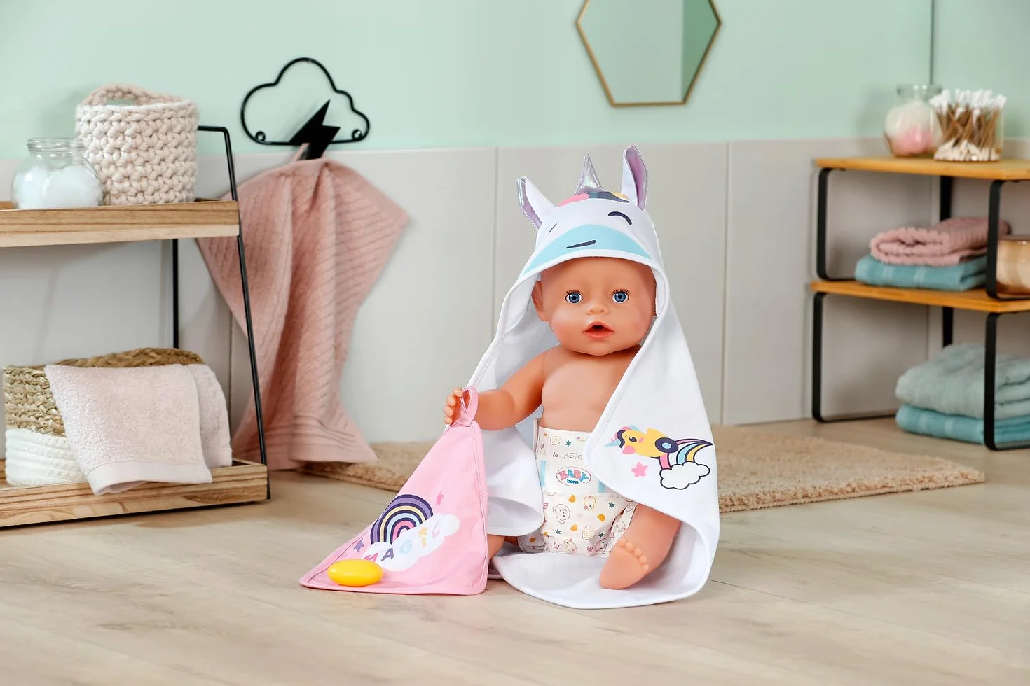 BABY born Zestaw ręczników z kapturem – z jednorożcem i tęczowym ręcznikiem – wysokiej jakości akcesoria dla lalek – odpowiedni dla wszystkich lalek 36 cm i 43 cm
