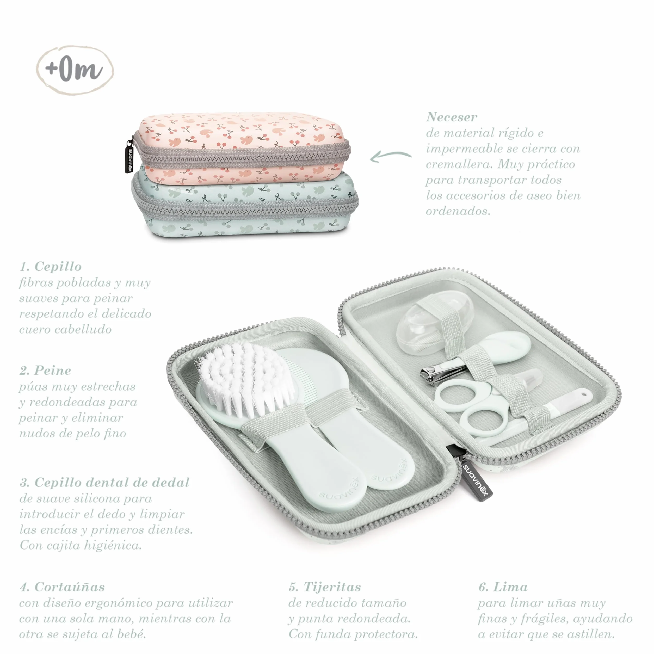 Suavinex, Zestaw do pielęgnacji niemowląt, kompletny i przenośny zestaw do manicure, zawiera: szczotkę i grzebień + szczoteczkę do zębów + nożyczki + pilnik + obcinacz do paznokci, 6-częściowy, różowy