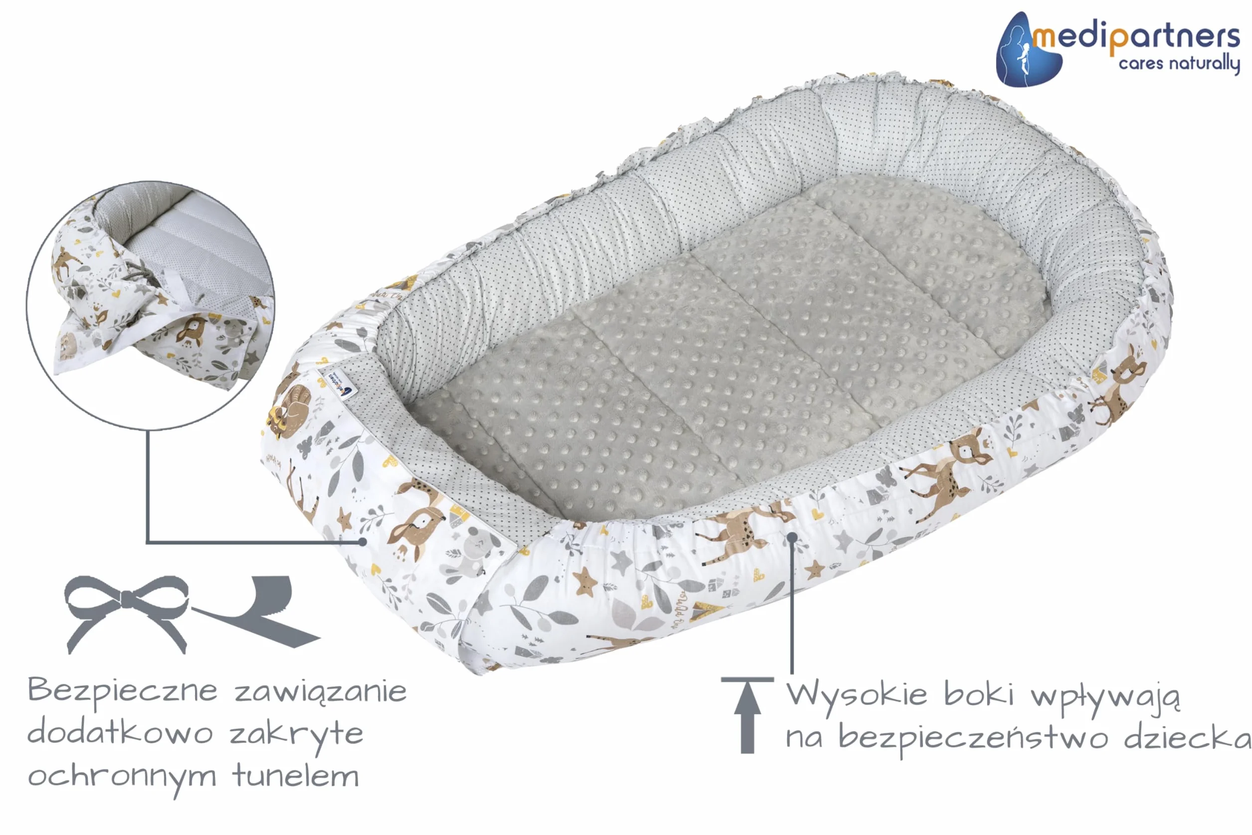 Medi Partners 5el. Kokon Niemowlęcy 100x60x15cm Wyjmowana Wkładka Kocyk Płaska Poduszka Rożek Łóżeczko 100% Bawełna (Jelonki)