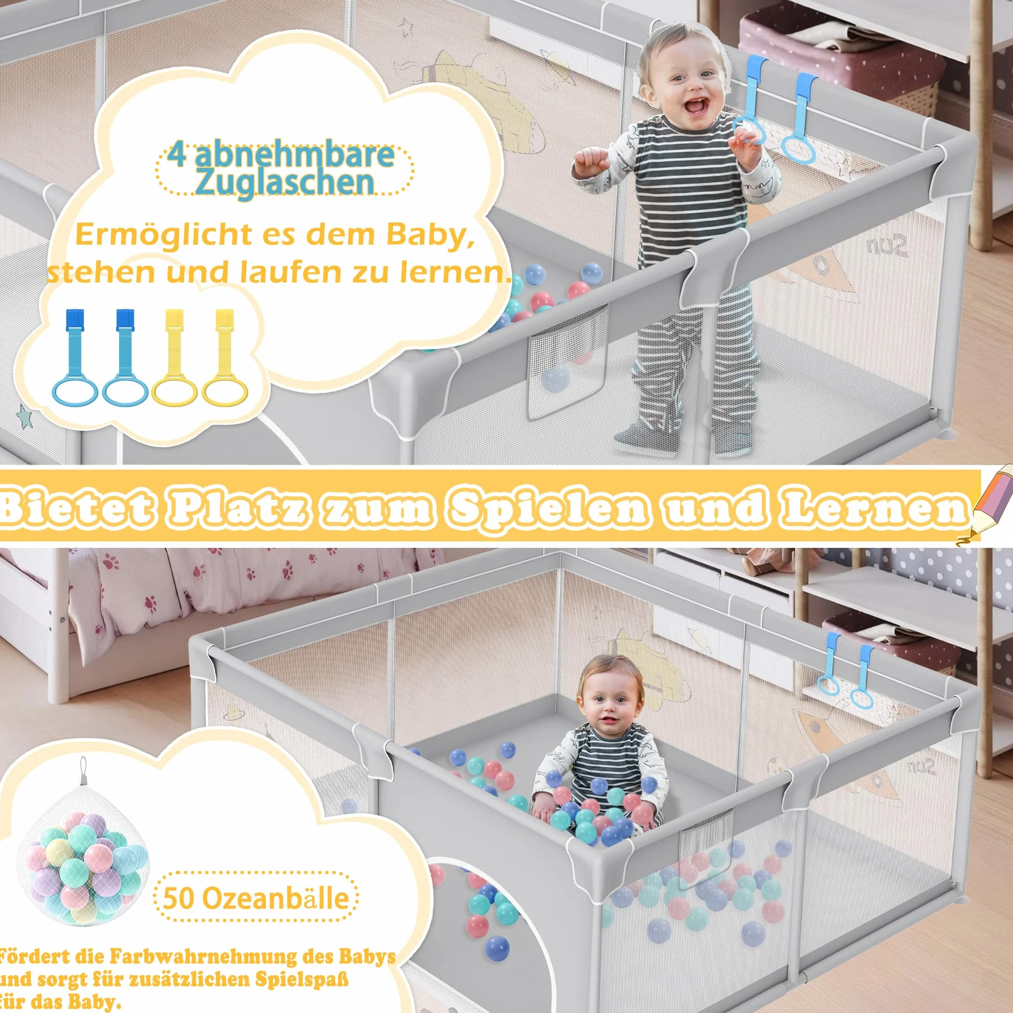 UISEBRT Kojec dla niemowląt 180 x 200 cm, kojec dla niemowląt z 50 piłkami oceanu i 4 pierścieniami pociągowymi i torbą do przenoszenia, składany namiot do kojca z oddychającą siatką dla dzieci, szary