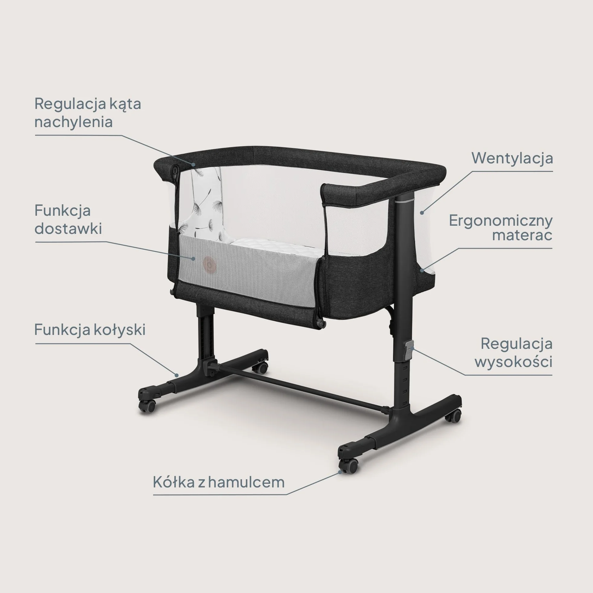 LIONELO Aurora 3 w 1 Łóżeczko Dziecięce do 9 kg, Łóżko Dostawne, Kołyska, Regulacja Wysokości oraz Kąta Nachylenia Materaca, 4 Kółka z Hamulcem Ergonomiczny Materac Torba (Grafitowy)