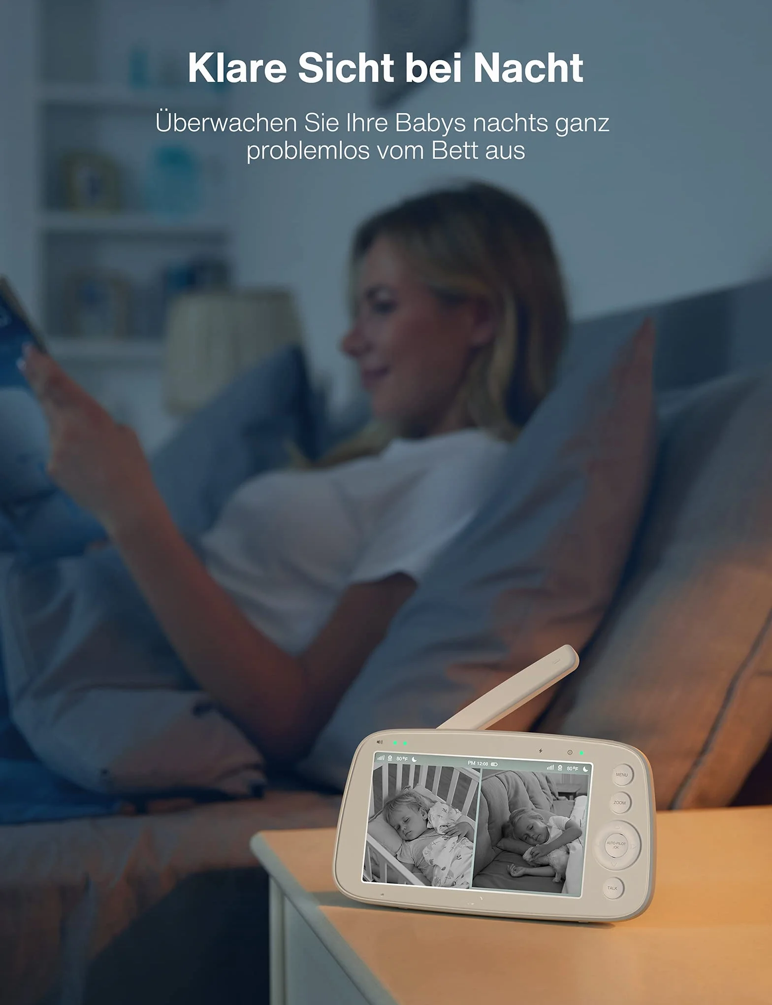 Elektroniczna niania z dzielonym ekranem, 5" 720P z 2 kamerami, monitorowaniem audio i wideo, pochylonym zoomem, zasięg 300 m, akumulator 4500 mAh, widoczność w nocy na podczerwień i monitor