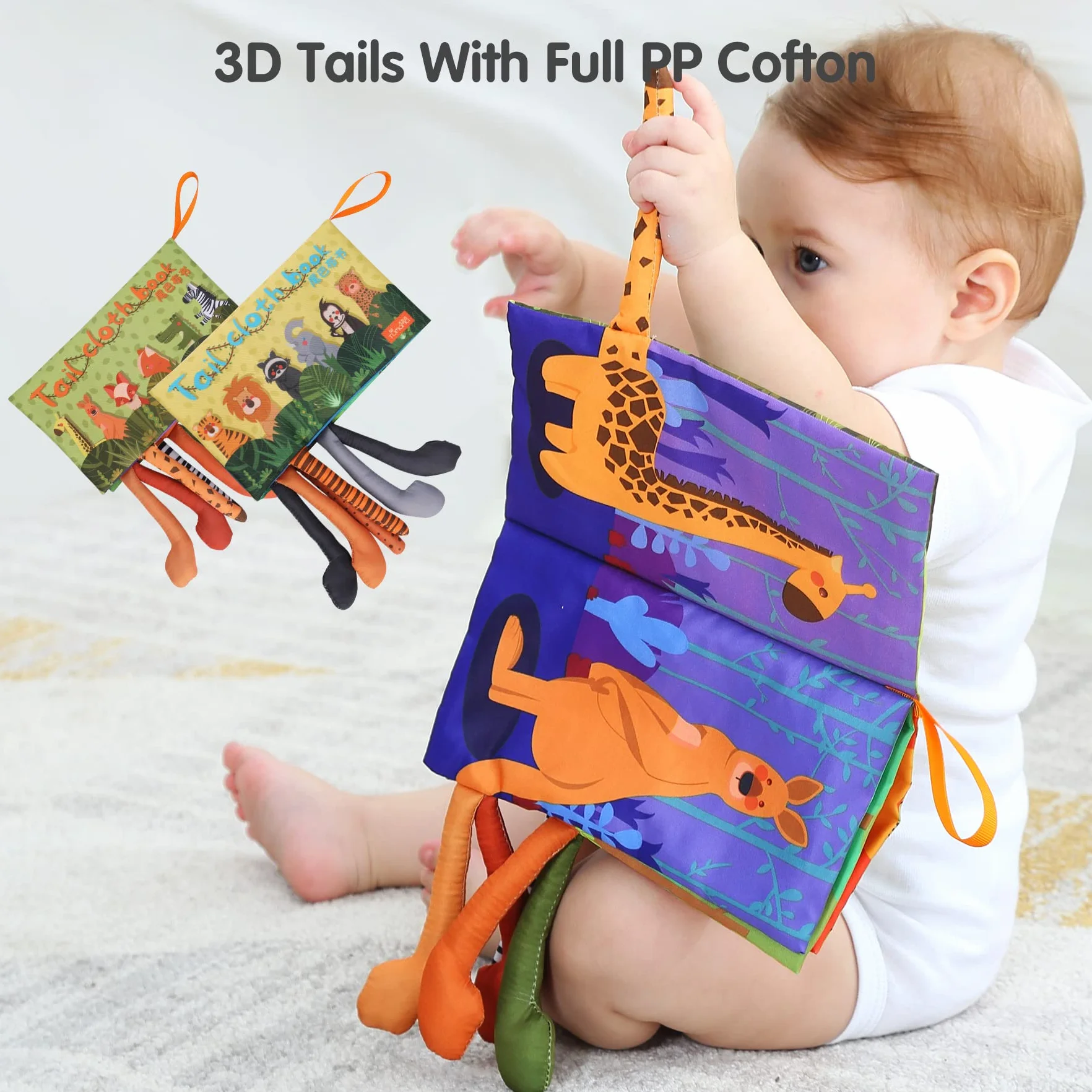 TUMAMA KIDS Baby Clolth Dierenboek, Książki z tkaniny, sensoryczna książka miękkie zabawki 3D ogony dżungli, piszczący i marszczący dźwięk, Książka do kąpieli wczesna nauka 0-3-6-9-12-18 miesięcy