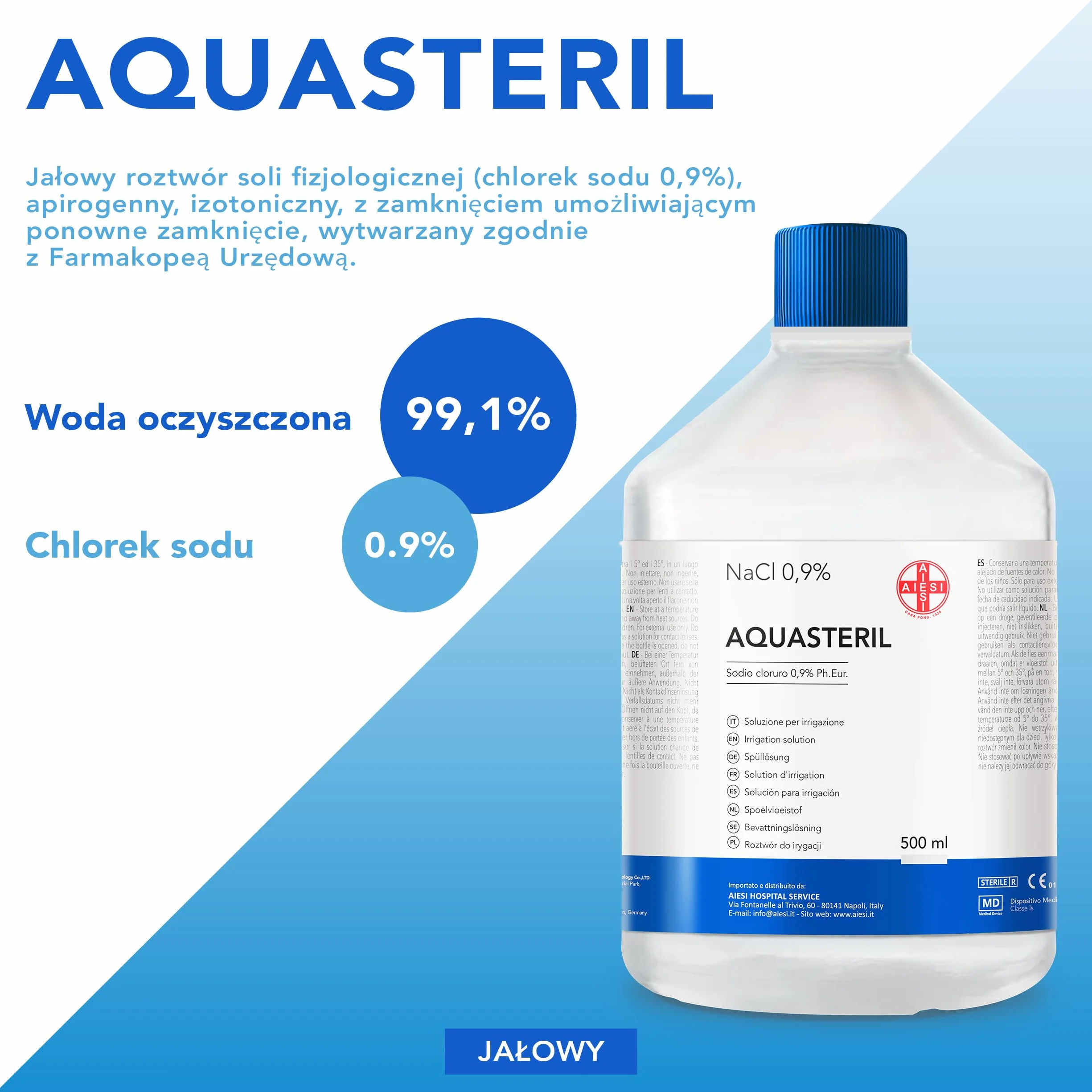 AIESI® Fizjologiczny roztwór soli fizjologicznej (10x500 ml) do płukania nosa, aerozoli i irygacji z zamykaną nakrętką AQUASTERIL, 0,9% chlorek sodu