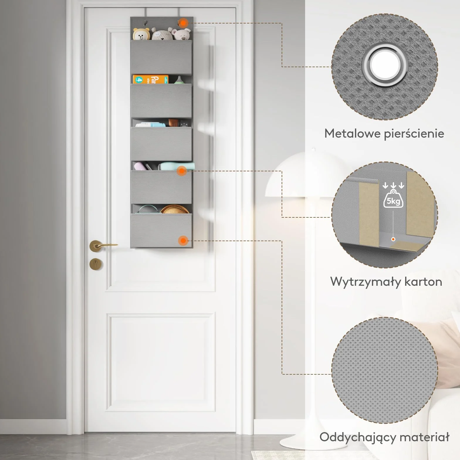 Lifewit Torba wisząca za Drzwiami, z 5-Przedziałami, Wieszak na Zabawki, Załadowany 5-kilogramami, Nadaje Się do Sypialni/łazienek/Pralni/Pokoi, 12 x 33,5 x 122,5 Centymetry, Szary