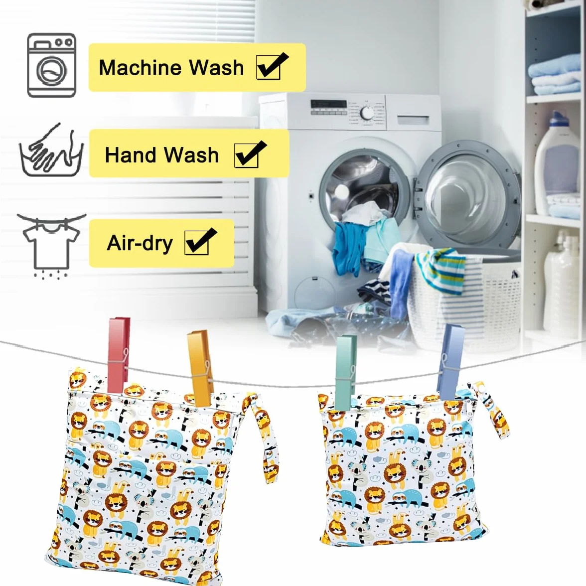 Wetbag, Torba na Pieluchy Wielokrotnego, 2 Pcs Organizerów na Pieluchy, Kieszeń na Mokro, Wodoszczelna Mokra Torba, Wet Dry Bag, Zmywalna na Siłownię Podróżną dla Niemowląt (Lew)