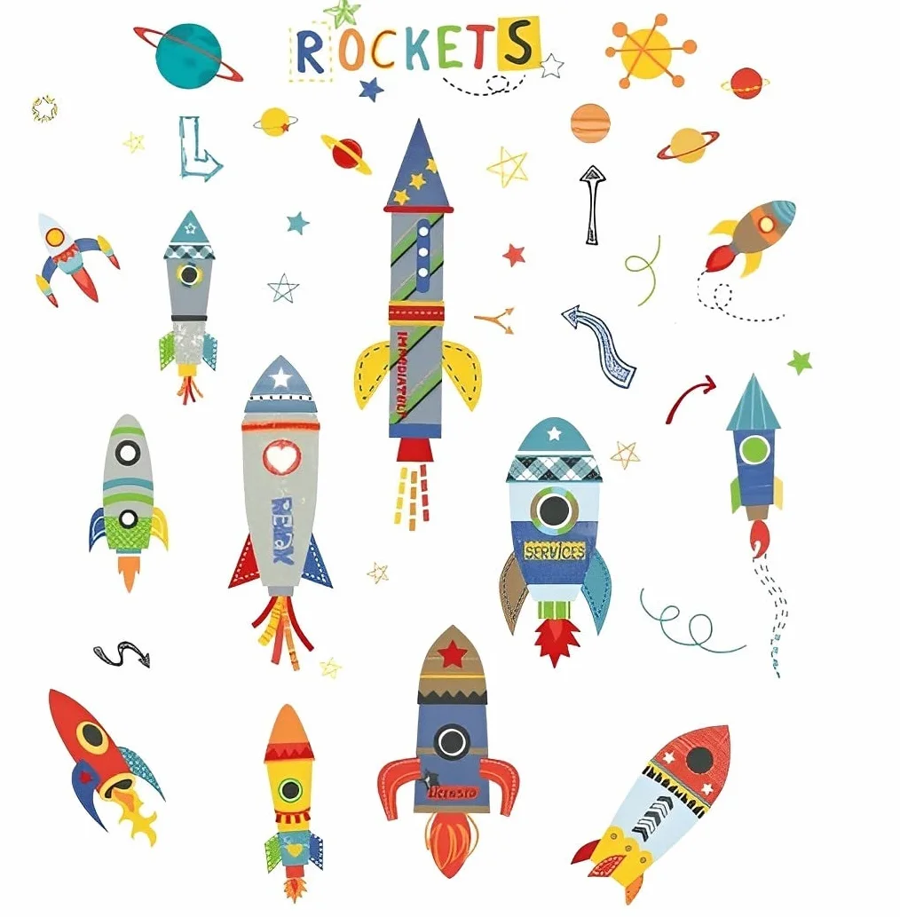WandSticker4U® - XXL Tatuaż ścienny RAKETE Dzieci I Obrazy ścienne: 85 x 140 cm I Naklejka ścienna Pokój dziecięcy Chłopiec Kosmos Planety Naklejki Gwiazdy Statek Kosmiczny Kolorowy I Dekoracja