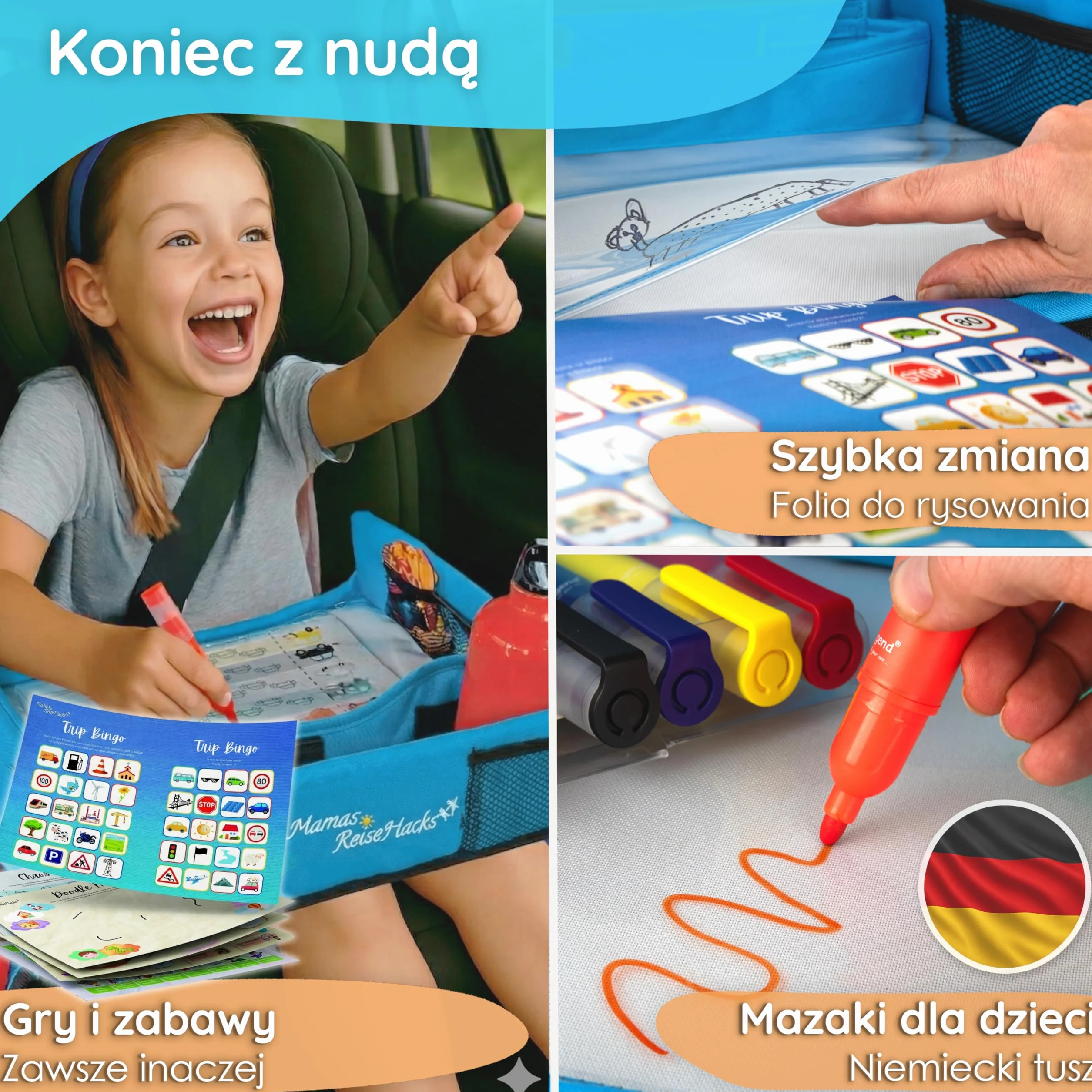 Mamas Reise Hacks Stół podróżny do samochodu dla dzieci – [ze stoperem na tablet i grą samochodową] na tylne siedzenie i jazdę samochodem – stolik dziecięcy, stolik do zabawy, taca na kolana