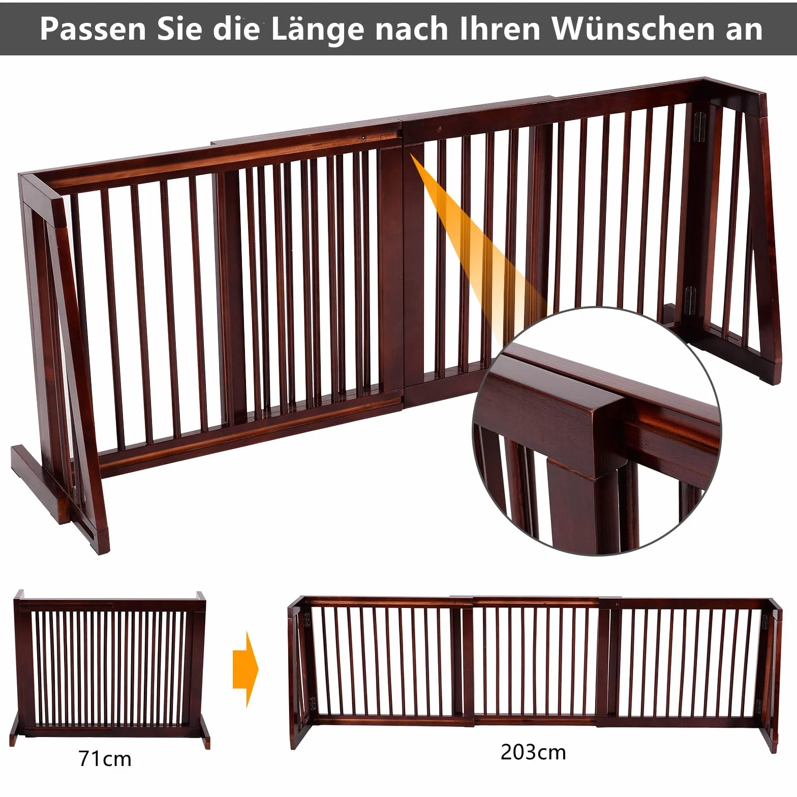 COSTWAY Barierka ochronna dla psów, drewniana kratka ochronna na drzwi, wolnostojąca kratka ochronna dla psów, 71-203 cm, regulowana, brązowa