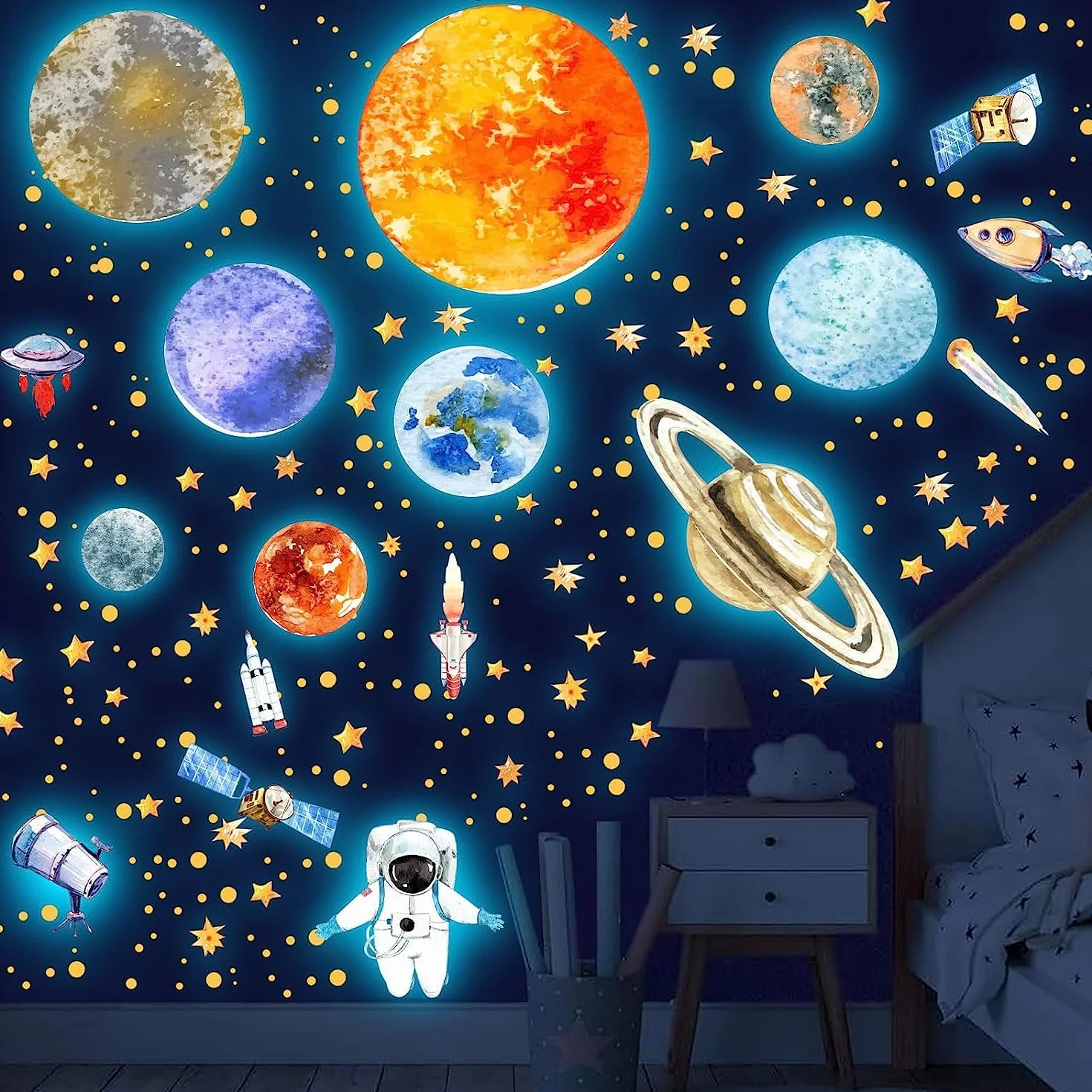 Naklei do ścian, świecące naklejki 9 planet, świecące gwiazdy, astronauta, planety, świecące naklejki, tatuaż ścienny, świecące gwiazdy, układ słoneczny, fluorescencyjne naklejki ścienne, dekoracyjne